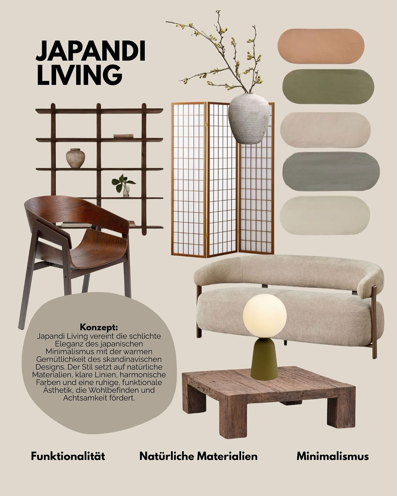 Inspiriert von der japanischen Ästhetik mit skandinavischer Wohnlichkeit: Holz, Licht und ausgewählte Details verbinden sich zu einer Atmosphäre von Ruhe und Balance und schaffen so einen warmen Minimalismus in deinem Zuhause. Heute stellen wir den Japandi-Stil vor, der zwar noch relativ neu ist, aber schon als zeitloser Klassiker gilt. Typische Merkmale sind natürliche Materialien, wie Holz, Stein oder Bambus, neutrale und beruhigende Farben, klare Linien und eine minimalistische Ausstattung. Es werden die japanische Tradition Wabi-Sabi (die Schönheit des Unvollkommenen) und die skandinavische Hygge-Mentalität vereint und somit ein unverwechselbares und gemütliches Ambiente geschaffen.
Hier wirst du fündig: Sklum, Balcony Living Copenhagen, Westwing, Jysk, XXXLutz, H&M Home, Kare
#interior #interiorinspo #japandi #japandistyle #living #home #realestate