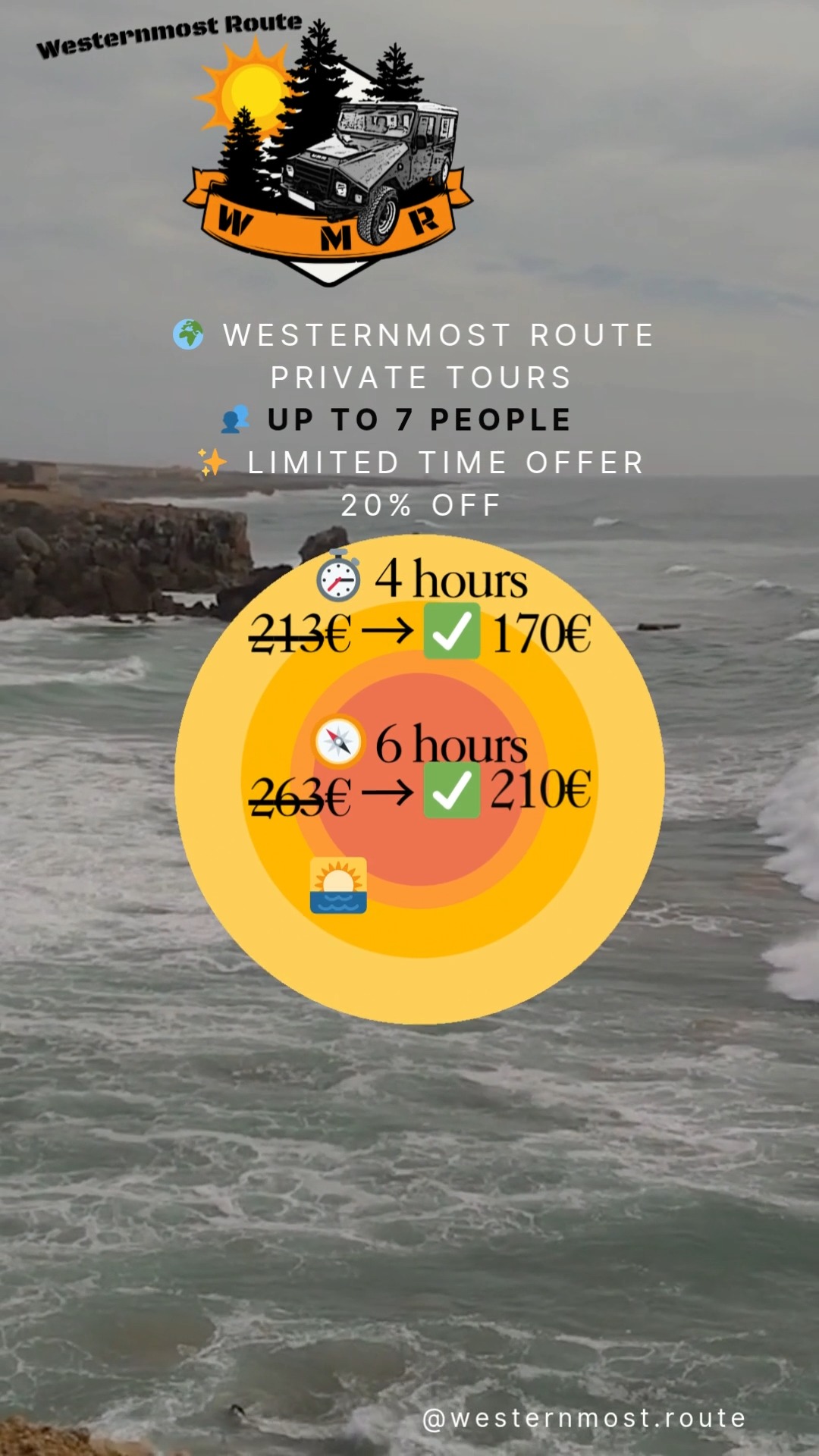 🎉 Giveaway Still On! 🎉
You still have time to win a free Westernmost Route Tour!
Check our highlighted reel for all the details 👀
🚙 Our prices have been updated, but our launch campaign is still running — enjoy a 20% seasonal discount!
🌿 And because we stand by what we do, here’s our simple promise:
If we don’t exceed your expectations, we’ll refund you in full.
👉 Book your adventure through the heart of Sintra-Cascais Natural Park today!
✔️ Includes: private guide, UMM jeep experience, tailored route, insurance & support
❌ Excludes: wine tastings or adega visits (optional and paid separately)
🚐 Free pick-up & drop-off (Ericeira-Cascais)
