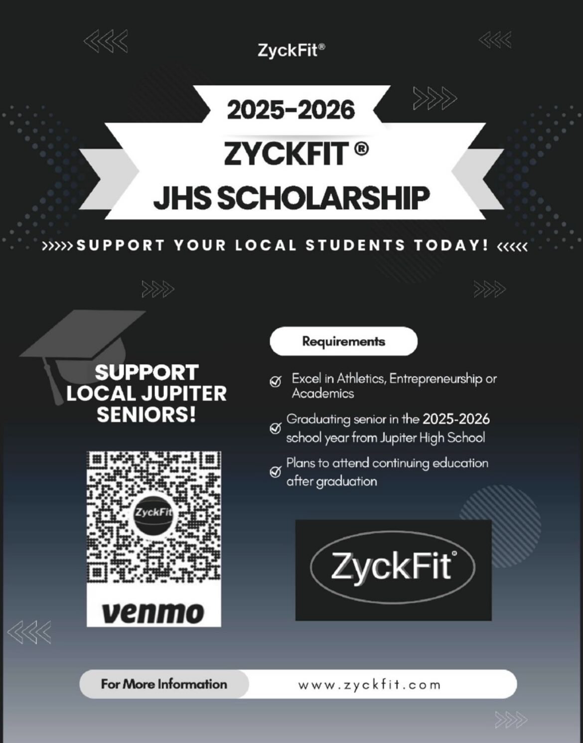 🟢🟡 Although we are already off to an INCREDIBLE head start, I am excited to say it is officially time to raise money for the 4th annual ZyckFit College Scholarship! 🟡🟢
I am humbled to say that we are already approaching our 3/4 mark for this year’s goal. (This time last year, we hadn’t even began collecting yet!) The growing support and generosity of the community and donors continues to blow me away.
For the 2025-2026 ZyckFit College Scholarship, FOUR graduating Jupiter High School seniors will each receive $1,000 each to put towards their continued education!! 🎓🎓🎓🎓
Please help us reach our biggest goal yet! None of this is possible without all of you 🙌🏼
(Cash, Check, Venmo, PayPal, Zelle donations accepted)
Venmo: @ZyckFit
Thank You In Advance! Go Warriors! 🏹
#ZyckFit #CollegeScholarship #JHS #Warriors #OneTribe #GiveBack #Entrepreneurship #BetterTodayThanYesterday