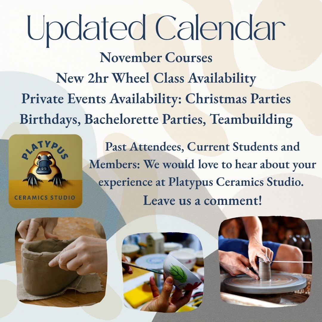 Exciting Calendar Updates at Platypus Ceramics Studio!
The moment you've been waiting for is here—our updated class calendar is live! Whether you're a seasoned potter or just starting out, we've got something for you.
New Course Times & Flexibility
Still Time to Join a Course! Missed the first class? No sweat! Our unique open studio with instruction sessions allow you to catch up on missed content or simply come in to practice and refine your skills. You can still jump into a course and not feel behind!
"Wonky Wonders" Updated! Our super-fun, 2-hour Wonky Wonders class now has set times every Wednesday and Saturday. Can't make those times? No worries! We have ample weekday availability to fit your busy schedule. Just inquire about your preferred time!
🎄 Book Your Special Event!
Looking to host a party? We've got you covered for:
Last-Minute Christmas Parties 🎅
Birthdays (for all ages!) 🎂
Bachelorette Parties 🥂
If you're wondering if we can host your special event, the answer is most likely YES! We'd love to host you and your group.
We can accommodate groups up to 15 for Handbuilding.
We can accommodate groups up to 10 for the Wheel.
Past attendees, current students, and members—we'd love to hear about your experience at Platypus Ceramics! Drop a comment below! 👇
Check out the updated calendar and book your spot today!
https://www.platypusceramics.com/our-courses
Cheers,
Erin and Peter
#PlatypusCeramicsstudio #HandbuildingCeramics #MindfulCreativity #PotteryClass #pottery #braggcreek #calgary #artclasses #ceramics #potteryyyc #yycpottery #localpottery #ceramics #clayworks #calgarylocalbusiness #yycpotterystudio #calgarypottery #calgaryceramics #calgarycreative #getyourhandsdirty #ceramics #ihavethisthingwithceramics #уус #braggcreek #calgary #potteryclass