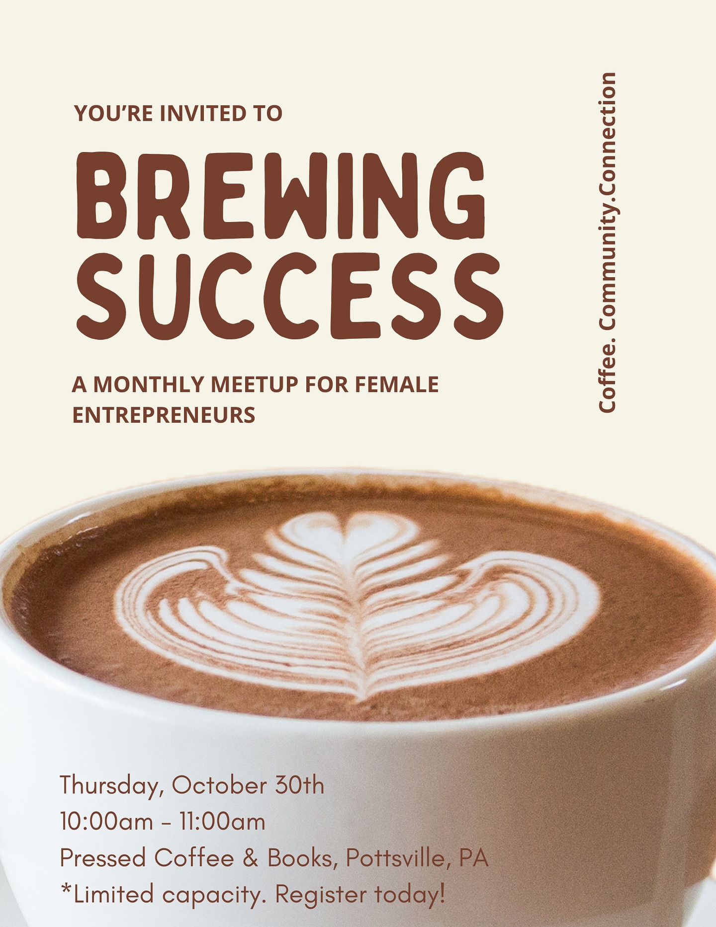 Chandon Kraus and I have partnered up to host our second Brewing Success event, a monthly meetup for female entrepreneurs!
Over coffee, we’ll connect, share experiences, and support one another as we navigate the ups and downs of entrepreneurship.
Each month features a new topic, designed to spark meaningful conversations and build real relationships.
Please note: capacity is limited and registration is required.
Click the link below to reserve your seat!
https://docs.google.com/forms/d/e/1FAIpQLSf6mWE93Gvb6wrGNLriCnC14vakLCjnLc4BYcKdO_QVruDHeQ/viewform?usp=sharing&ouid=118422970952286425528