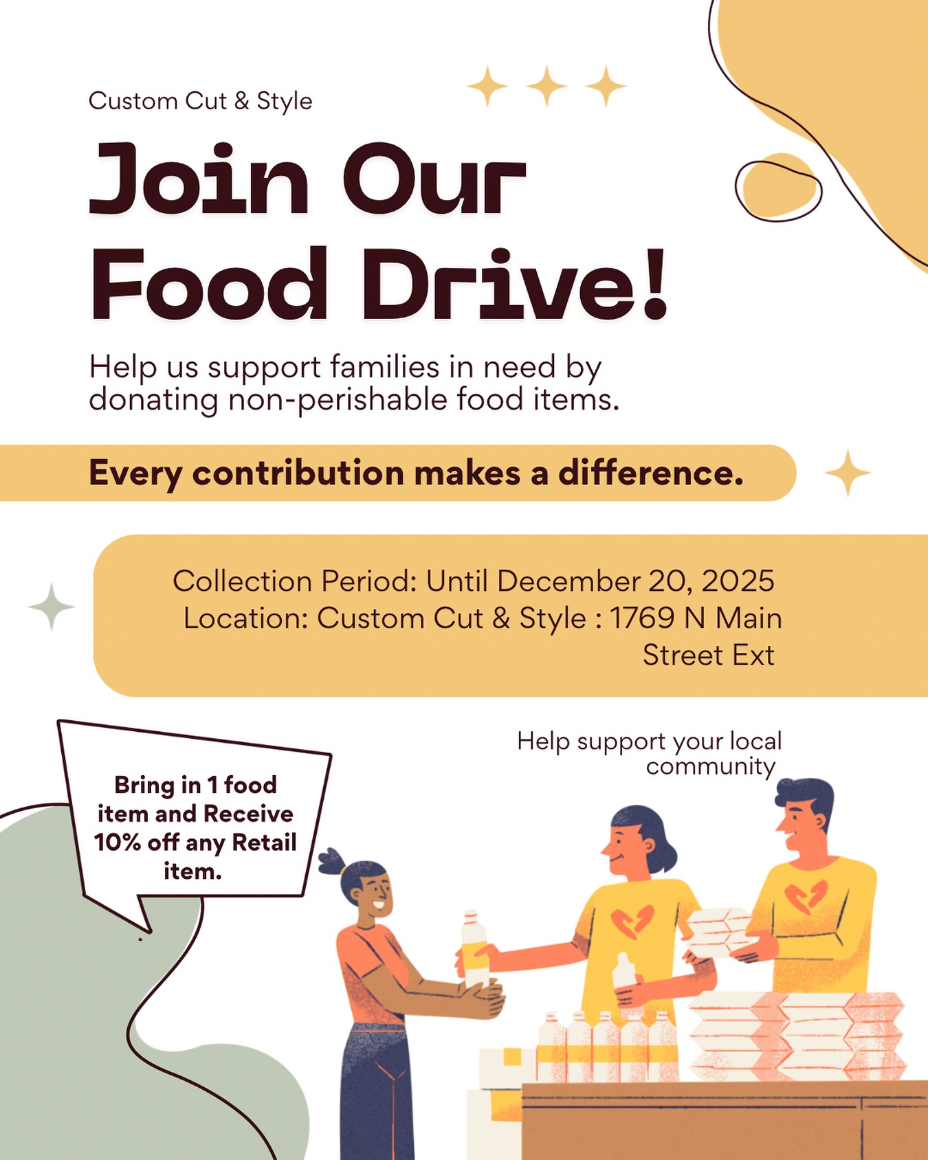From now until December 20, 2025 when you bring in a non perishable food item you can also receive 10% off any retail purchase including Gift Sets. We also have our Toys for Tots box until December 8! #givebacktothecommunity #giveback #loveyourneighbor