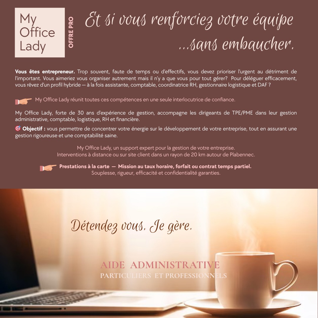 ENTREPRENEURS: besoin de renfort pour gérer votre entreprise? Franchissez le pas!
#Entrepreneurs #TPE #PME #AideAdministrative #gestionadministrative #Externalisation #OrganisationEntreprise #assistanteadministrative #manageroperationnel #souplesse #MyOfficeLady #Plabennec #Brest #Finistère #Bretagne