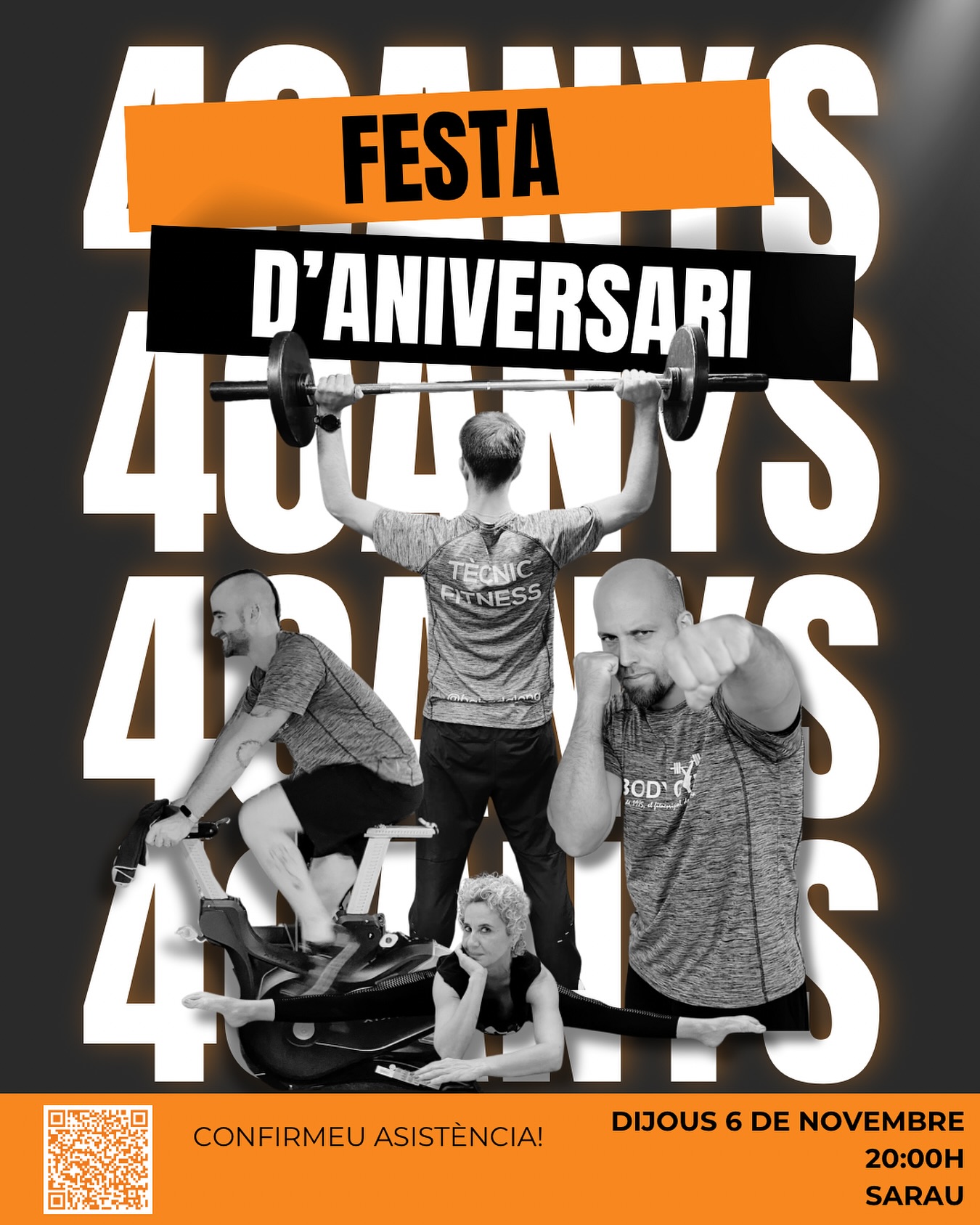 🎉 No et pots perdre la festa dels 40 anys del Body Gym! 💥
Només per a socis i amb +1 🧡
Una nit plena de bon ambient, música, rialles i moltes sorpreses! 🎁
📅 Dijous 6 de novembre
🕗 20:00h
📍 Sarau
⚠️ Últims dies per inscriure’t! No et quedis fora!
👉 Confirma assistència escanejant el codi QR del cartell o a la recepció del Body Gym!
⸻
🔸BODY GYM
www.bodygym.cat
#bg #bgbadalona #badalona #fitness #40aniversari #aniversari #40anys #fitness #fitnessforlife #forever #fitnessbody #routine