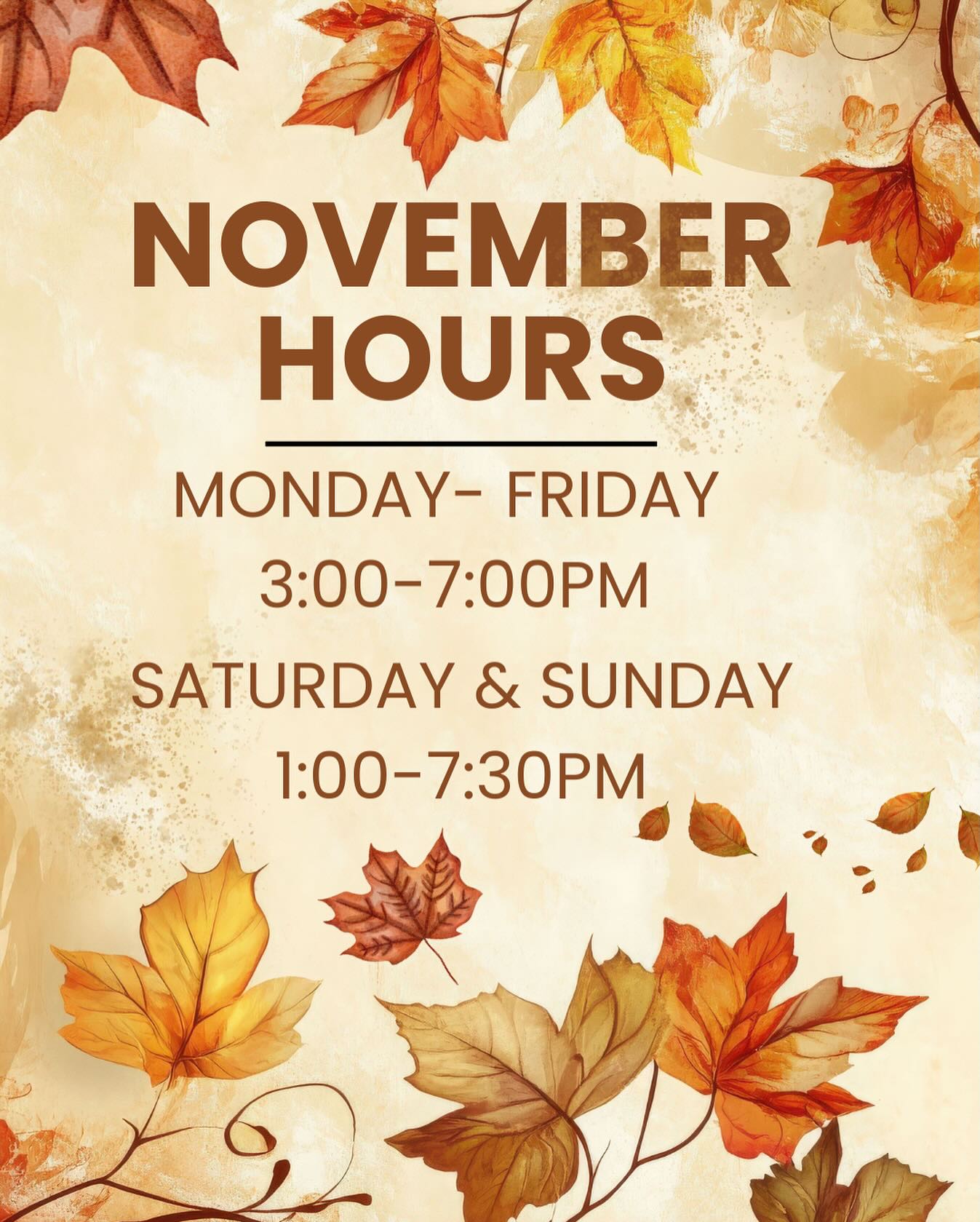 That’s right ….. we’re STAYING OPEN!
Our last day of the season will be Sunday, November 9th!
Please remember that our hours are weather dependent and may change