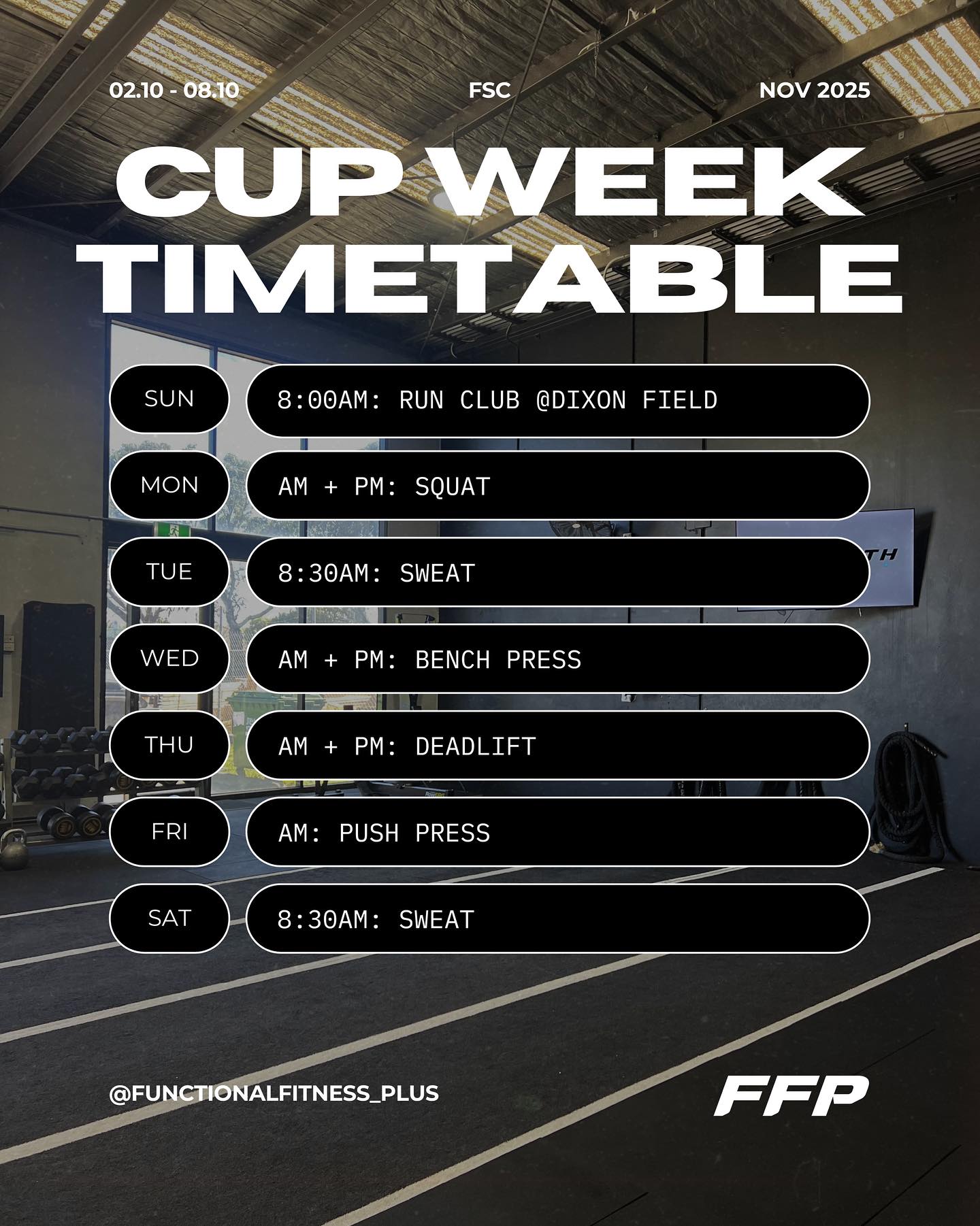 Reminder that @strive.by.sienna x @functionalfitness_plus Run Club is on this Sunday, November 2nd — just in time for Melbourne Cup Day celebrations! 🐎🏆
We’ll have FSC classes running throughout the course of next week, so be sure to check the above timetable for changes.