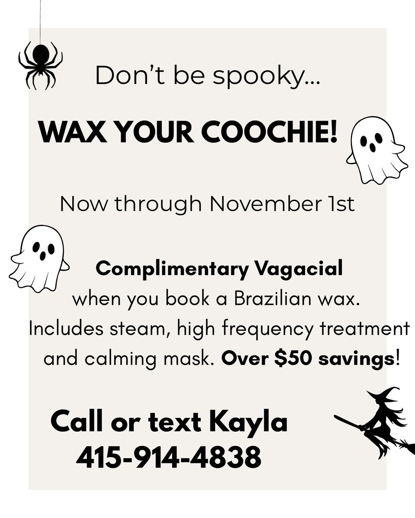 Let’s get ready for Halloween. Don’t miss out on this amazing deal. Call or text Kayla at Wildflower! 415-914-4838