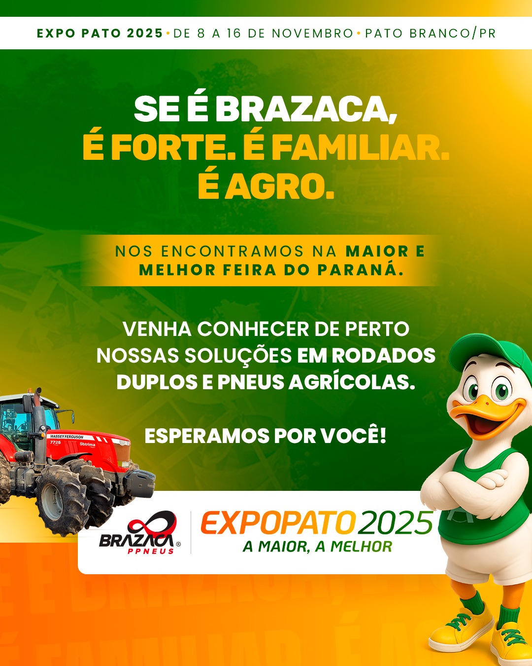 A Brazaca estará presente na Expo Pato 2025!
De 8 a 16 de novembro, você pode nos encontrar em Pato Branco (PR), na maior e melhor feira do estado — e uma das mais esperadas do agronegócio brasileiro.
É a oportunidade perfeita para você conhecer nossa linha completa de produtos: rodados duplos dianteiros e traseiros, pneus agrícolas, rodas e muito mais.
Tecnologia e resistência para quem vive do agro.💪🚜
Nos vemos lá.😉
.
.
.
Rodas que movimentam o agronegócio. 🚜
👉 Contatos no link da bio: https://linktr.ee/brazacappneus
📲 WhatsApp (54) 9 9641 9840
#pneus #duplagem #tratores #rodadoduplo #colheitadeiras #agricultura #agro