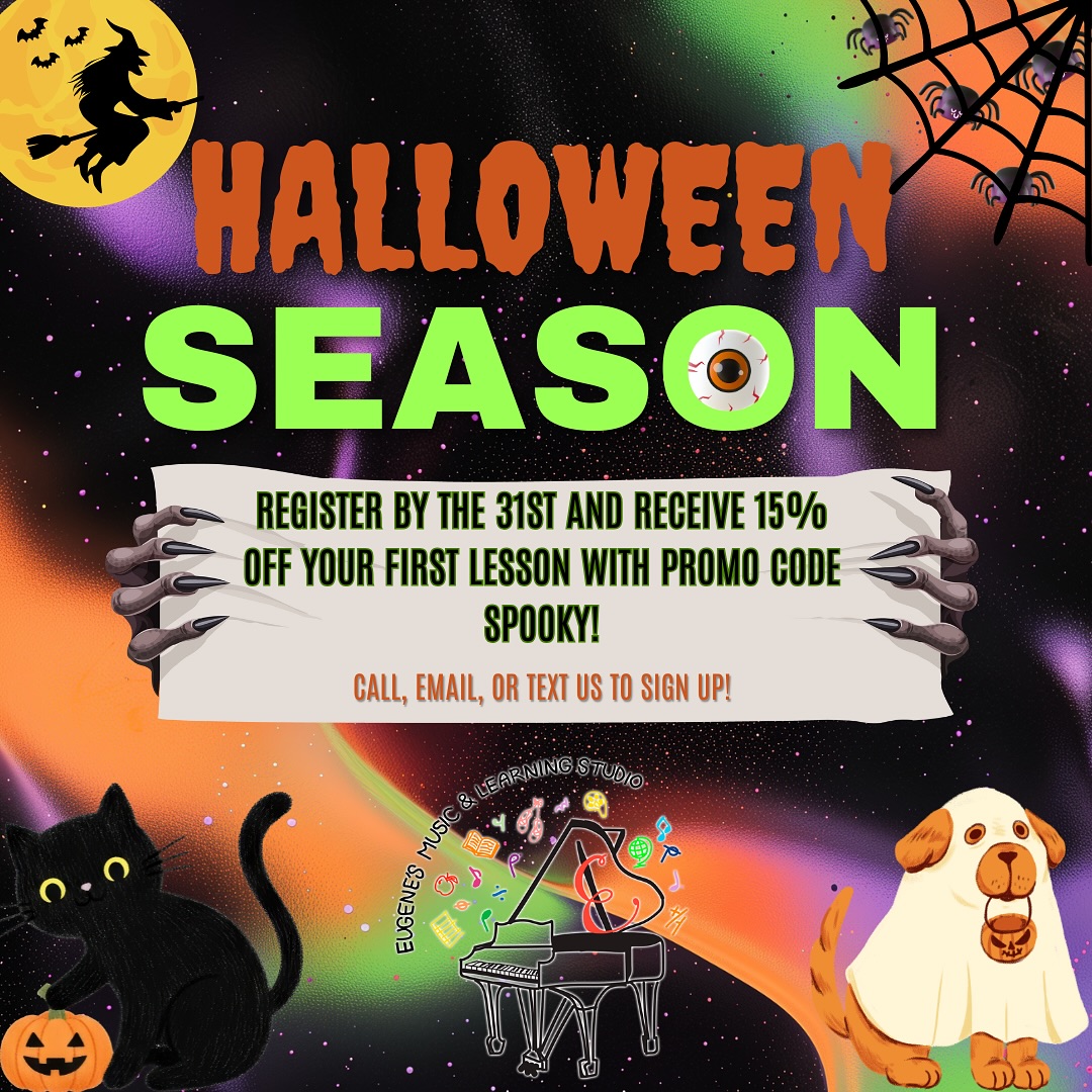 It’s almost Halloween and Eugene’s Music Studio is offering all treats and no tricks! Register by the 31st and receive 15% off your first lesson with promo code SPOOKY!
Complete the registration form today to schedule your lesson before these spooky savings fly away!
#musicstudio #spooky #halloween #musicschool #westchester #greenwich #portchester #ryebrook #ryebrookmoms #musiceducation #musiceducator #musicstudent #pianolesson #voicelesson #pianoteacher #violinteacher