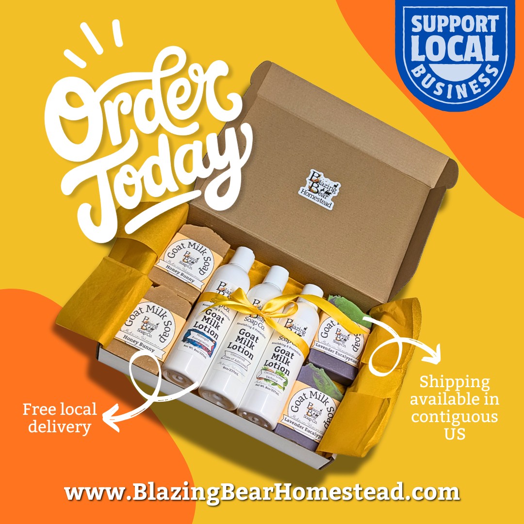 Learn more about our handmade soap & lotion made right here on our little farm and order today! 🐐
https://www.blazingbearhomestead.net/blazing-bear-soap-co
#goatmilksoap #goatmilklotion #goatsareawesome #blazingbearhomestead #wisconsinmade #marinettecounty #shoplocal #supportsmallbusiness #farmfresh #handmade