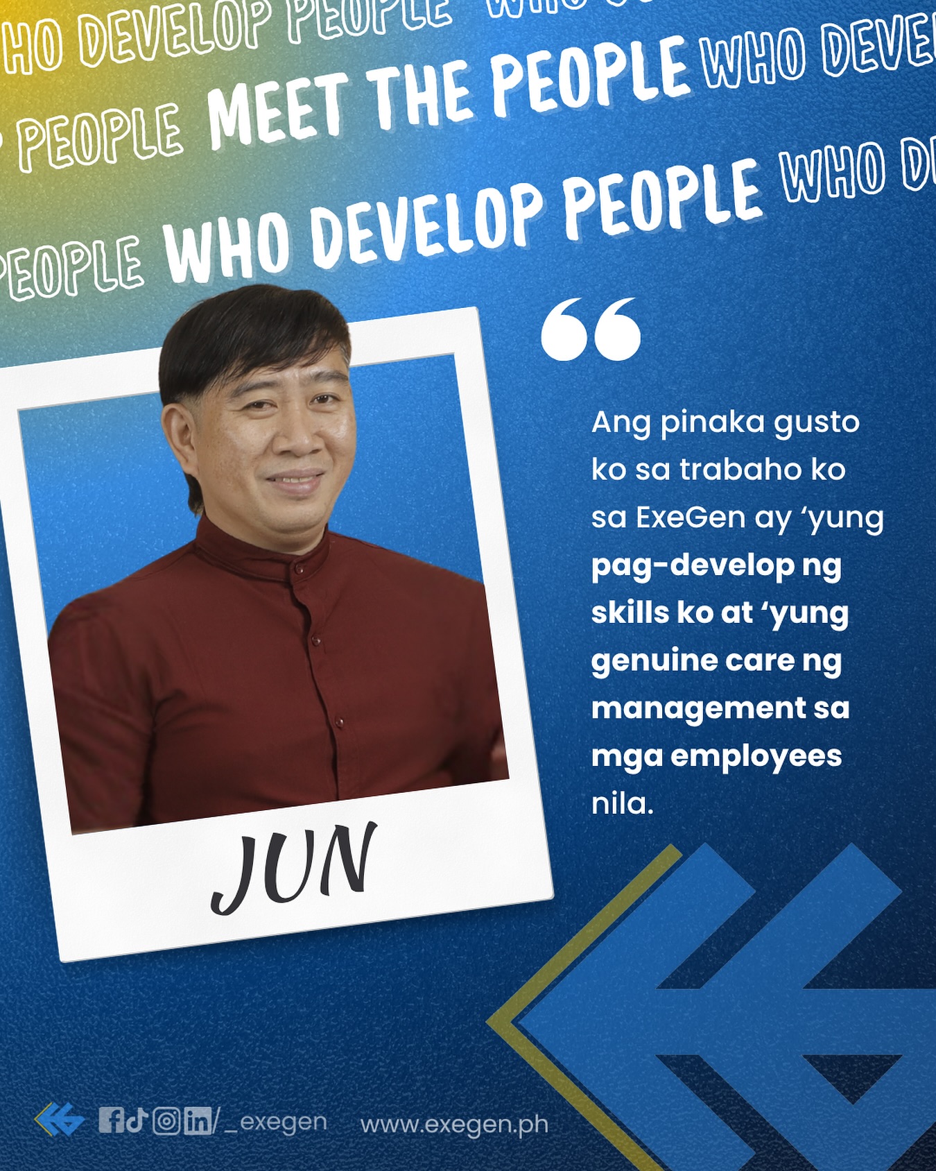Meet Jun from our Business Development team — he’s been with ExeGen for almost seven years and continues to grow with us every step of the way 🙌🏼
Jun’s journey shows what continuous growth really looks like. Over the years, he’s learned, adapted, and kept improving—not just in his role, but as a professional. For him, every day at ExeGen is a chance to learn something new, face new challenges, and keep leveling up his skills.
He shared that “’Yung pag-develop sa skills na natutulog, nailabas lang noong nasa ExeGen na.” For Jun, ExeGen is where he truly discovered and developed his potential.
💬 “Time is gold. Wala pang time machine para itama yung maling nagawa mo sa nakaraan, so please, do good deeds every day.” – Jun
#WeDevelopPeople #ExeGenCareers #ExeGen #RecruitmentPH #LifeAtExeGen