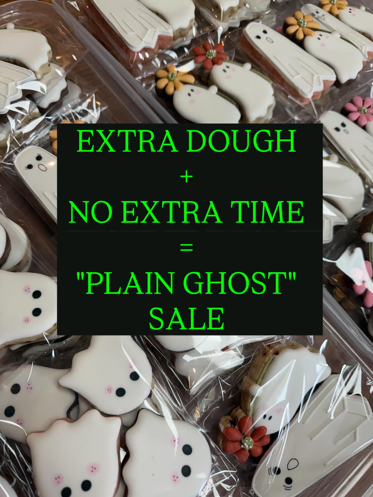PLAIN GHOST SALE
Extra dough and no extra time means I have a small batch of simple ghost cookies ready to go, and I am selling them in grab-and-go bags for just $5 each!
Two options:
- "Haunt & Munch" (3 mini ghosts)
- "two boos for you" (2 small ghosts)
Flavors are a random mix of Chocolate, White Chocolate Cranberry Bliss, and Strawberry Shortcake Crunch.
These aren't decorated like my usual custom sets - they are quick, simple, and super tasty! Perfect for:
- Teacher treats
- Boo baskets
- Desk surprises for coworkers
- Card club members (or book club people, too)
- Morning coffee or a midnight snack
DM or email to claim. Local pickup only.
Help me get rid of all of the ghosts in my house! I'd love it if you would share this post with your friends and neighbors 🙂