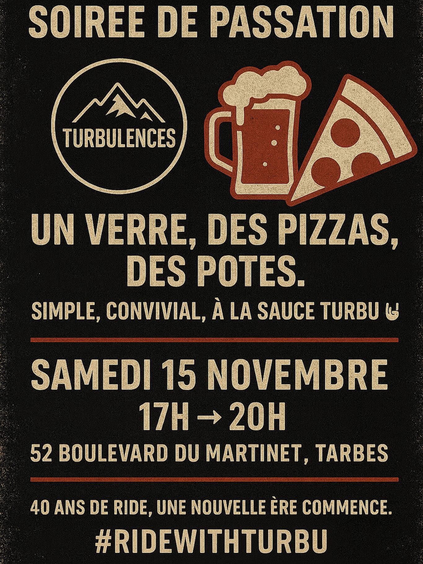 Après plus de 40 ans de ride et de passion, la boutique change de main.
👉 Samedi 15 novembre, de 17h à 20h, viens fêter la passation autour d’un verre, de pizzas…
Une occasion de dire au revoir à Philippe, de découvrir le nouveau chapitre de Turbulences, et de partager un moment simple et convivial à la sauce Turbu. 🤘
📍 Turbulences – 52 Boulevard du Martinet, Tarbes
🕔 Samedi 15 novembre | 17h → 20h
🗨️ Pour m’aider à prévoir ce qu’il faut, laisse un petit “je viens” en commentaire ou en message privé !
#Turbulences #Turbu #Tarbes #SnowSkateShop #RideWithTurbu #SoiréePassation #CommunityRide