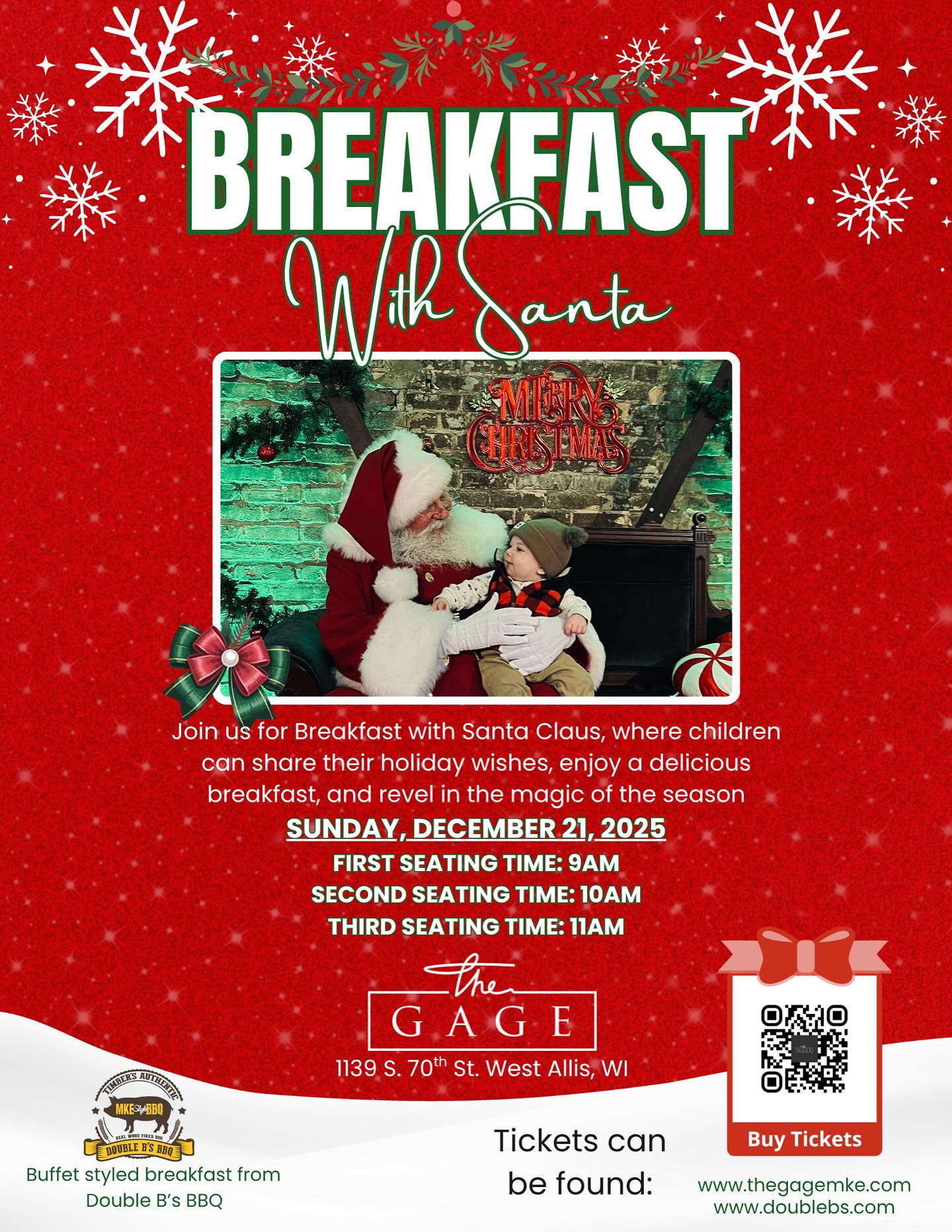 ✨It's the most wonderful time of the year! ✨
Come celebrate this joyful season with your loved ones at our second annual Breakfast with Santa! Experience the magic firsthand as you enjoy a delicious meal and watch your little ones share their holiday wishes with Santa himself. Capture precious moments with festive photos and create lasting memories with fun holiday crafts.
We can't wait to share the holiday cheer with you! 🎁