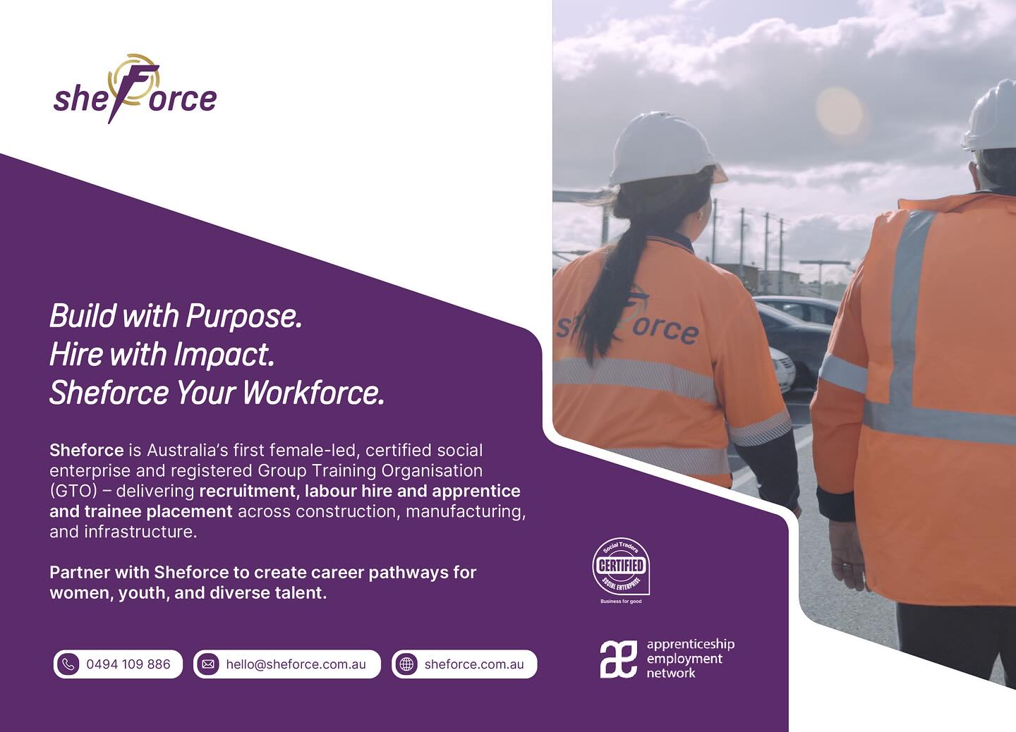 BUILD with PURPOSE.
HIRE with IMPACT.
SHEFORCE Your WORKFORCE.
Partner with @sheforcejobs to create career pathways for women, youth and diverse talent within your business.
#sheforce #sheforceyourworkforce #careersinconstruction #womeninbuildingandconstruction #womeninmanufacturing