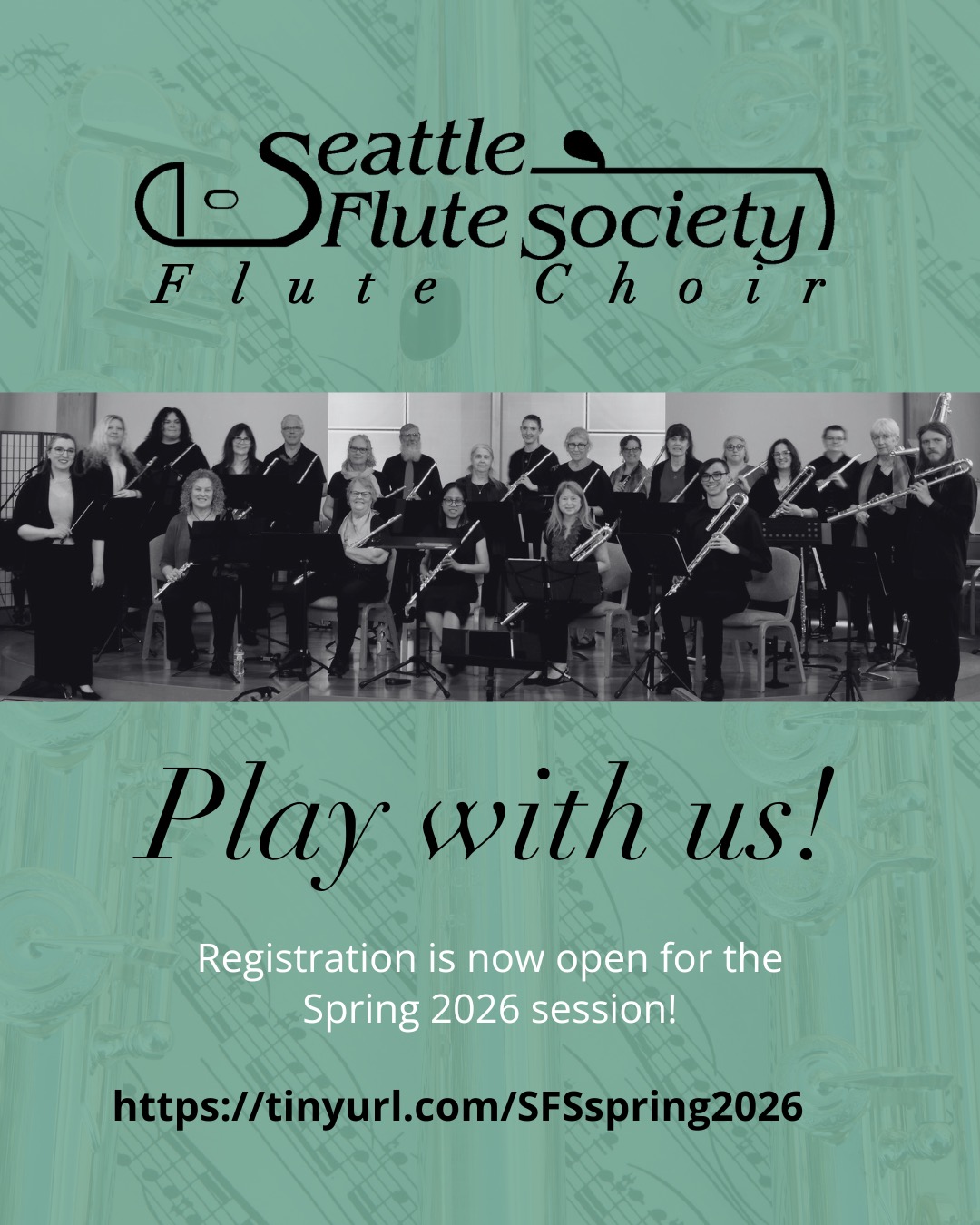 Are you an adult flutist looking for a fun, friendly, flute choir to play with? The Seattle Flute Society Flute Choir is now accepting new members for our Spring 2026 session - no audition required! Visit https://tinyurl.com/SFSspring2026 to sign up. Questions? Send @jollyflute a message! #flutechoir #amateurflutist #flute #flutemusic