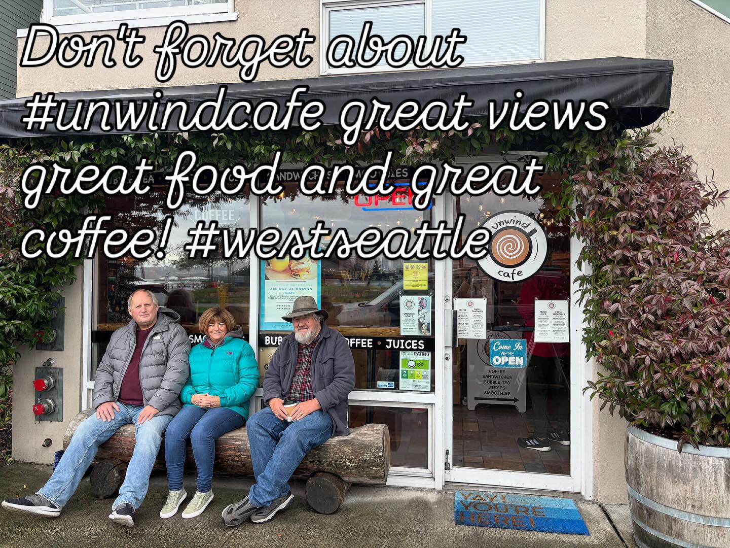 I love this place. It's fresh food smoothies teas coffee and perfectly placed across from the sound to go enjoy the view! Ps- best hot chocolate in Seattle! @unwind.cafe