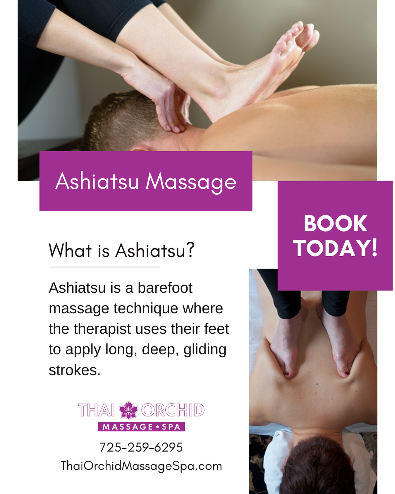 Experience the deep relief of Ashiatsu! ๐ฆถ
Try our Ashiatsu massage today at Thai Orchid Massage & Spa in Centennial Hills, Las Vegas.
๐๐ปโโ๏ธ What is Ashiatsu? Ashiatsu is a barefoot massage technique where the therapist uses their feet to apply long, deep, gliding strokes, providing broad, consistent pressure that feels incredible.
Book your Ashiatsu massage today and step into deep relaxation!
(725) 259-6295
www.ThaiOrchidMassageSpa.com
๐ 8414 Farm Road Suite 140
Las Vegas, NV 89131
๐ธ๐ธ๐ธ๐ธ๐ธ๐ธ๐ธ๐ธ๐ธ๐ธ
#ashiatsumassage #ashiatsu #barefootmassage #footmassage #vegaslocal #lasvegaslocals #vegas #lasvegasmassage #leecanyon #mountcharleston #yogacommunity #vegasyogacommunity #vegasyoga #lasvegasyoga #lasvegasfitness #lvac #chinatownlv #centennialhillsmassage #summerlinmassage #northlasvegasmassage #lmt #professionalmassage #therapeuticmassage