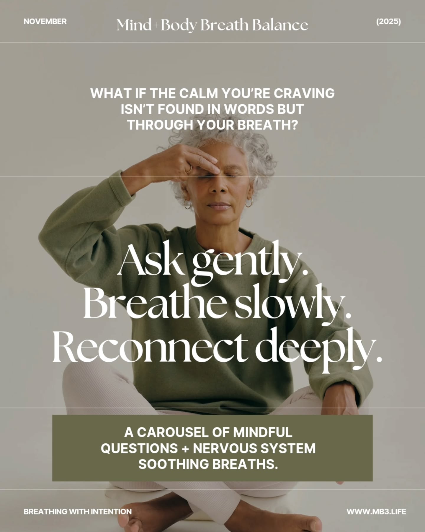 Happy November. 🍂
This month, we’re breathing with intention.
Slowing down. Listening in.
Each week, I’ll share gentle practices and somatic insights to help you reconnect with your body, calm your mind, and regulate your nervous system.
Begin here — ask softly, breathe slowly, and notice what your body is ready to release.
Save this series. Come back when your thoughts feel too loud.
Big Love - Elizabeth 🧡