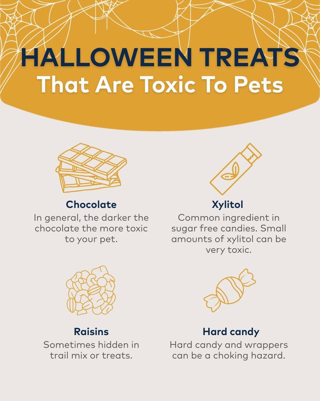 Halloween Candies That Can Harm Pets 🎃🐾
Keep your pets safe by avoiding these common treats this #halloween:
➡️ Chocolate (the darker it is, the more toxic!)
➡️ Xylitol (often found in sugar-free candy & gum)
➡️ Raisins (sometimes hidden in trail mix or treats)
➡️ Hard candy & wrappers (choking hazard)
Treat your four-legged friends to something they’ll truly love, like the healthy goodies from Viva Pets instead! 🐾 🐶🐱
Save this post to keep your pets safe this spooky season!