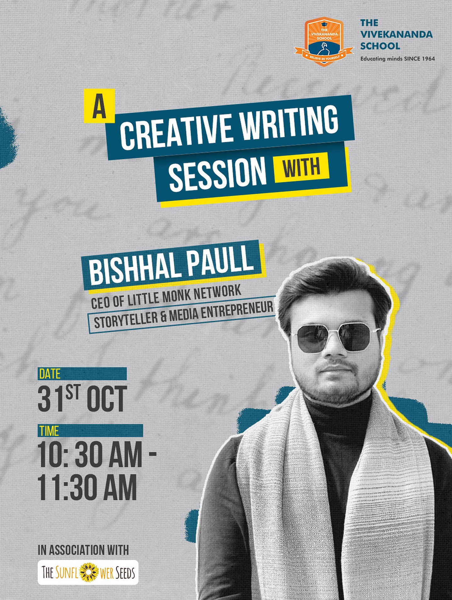 Books connect us. Stories inspire us.
This October 31st, Bishhal Paul joins The Vivekananda School, Sector 69 for an exclusive student session and the launch of his latest book “The Liar Among Us.” @bishhalpaull
A morning of stories, conversations, and inspiration awaits for our Vivekians.
In association with @thesunflowerseedsco @bloomsburyindia
#TheVivekanandaSchool #StudentLife #YoungReaders #SchoolInspiration #LearningBeyondBooks #ReadingCulture #bishhalpaul #theliaramongus #booklaunch #authorvisit #meettheauthor