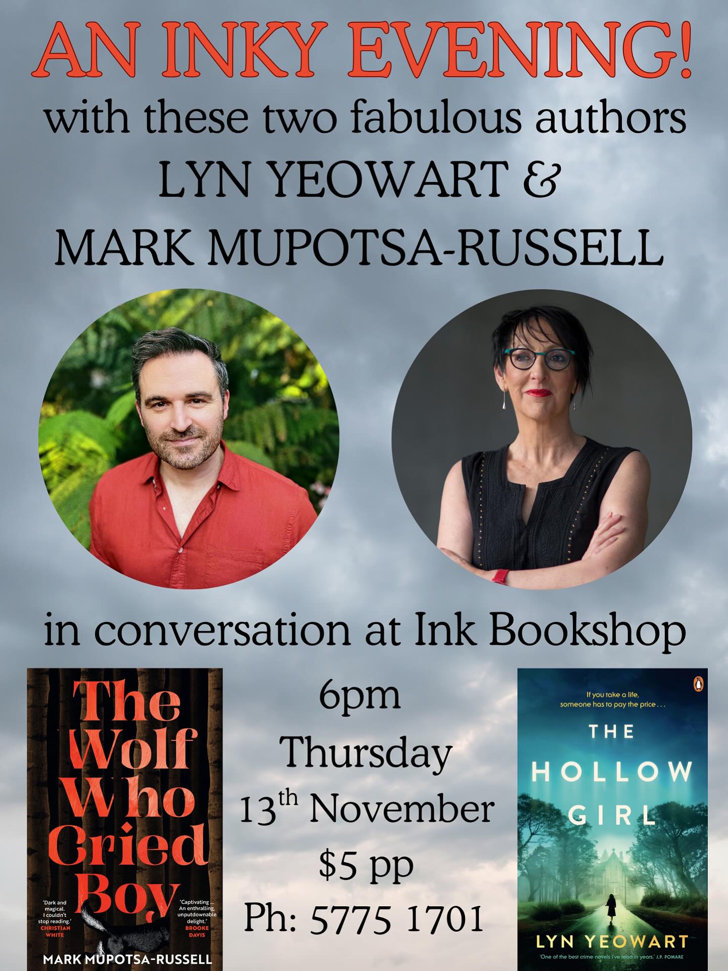 MANSFIELD EVENT!
Come along to @inkbookshopmansfield on Thursday November 13 at 6pm when @lynyeowart and I get together for a co-event, discussing her astounding new novel THE HOLLOW GIRL and THE WOLF WHO CRIED BOY - both!! Double the chat!
Tickets $5pp, phone 03 5775 1701. Can’t wait!
#thehollowgirl #thewolfwhocriedboy #inkbookshopmansfield @affirmpress @penguinbooksaus