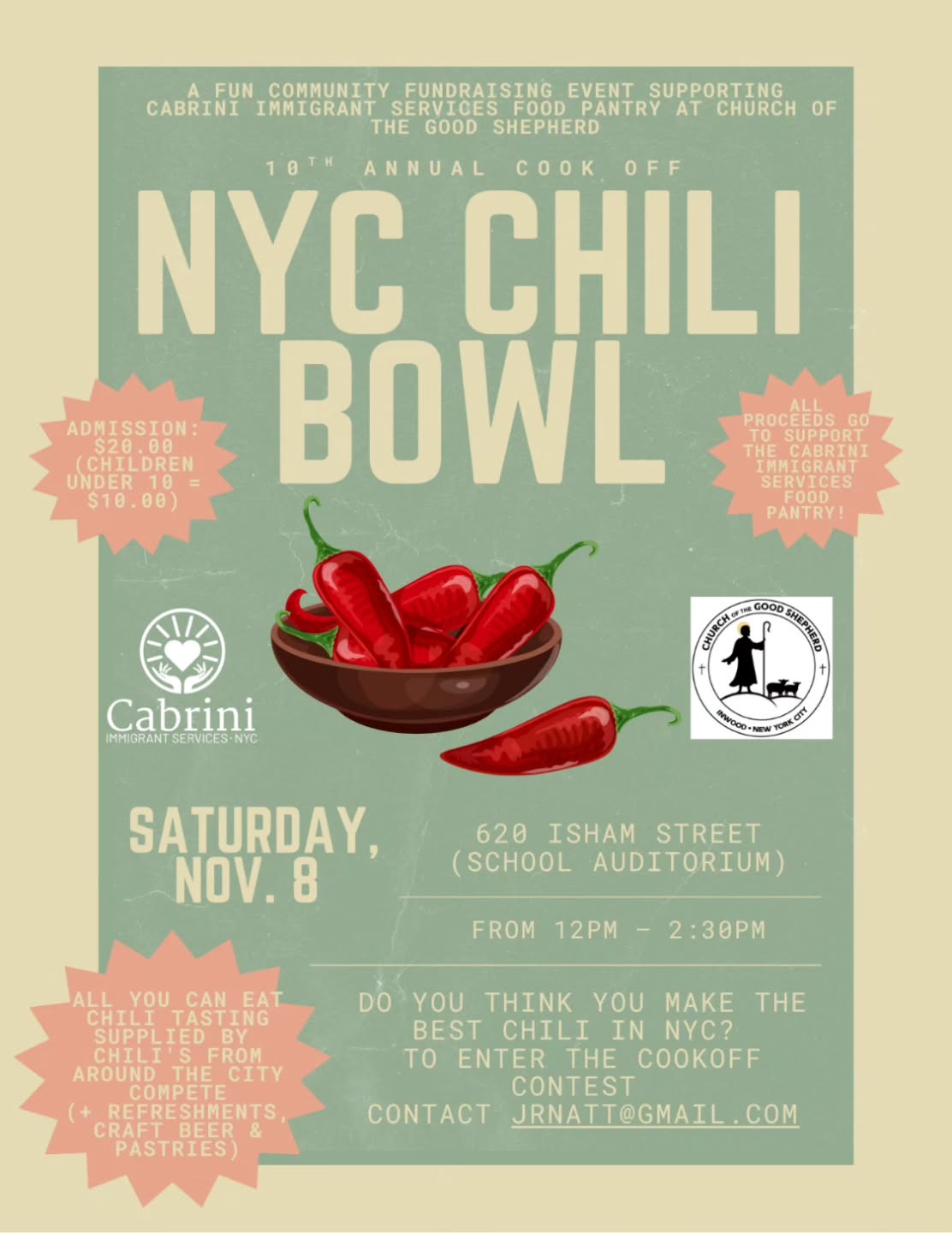 Come and support the NYC Chili Bowl. This COOKOFF attracts chilis from around NYC to compete for your vote for NYC's Best Chili.
ALL PROCEEDS for this event go to support the INWOOD FOOD PANTRY run by Cabrini Immigrant Services.
NOTE: This event is held at the Good Shephard School Auditorium (not the restaurant. Inwood Farm is a long time supporter of this event)
Hope to see you there!!!