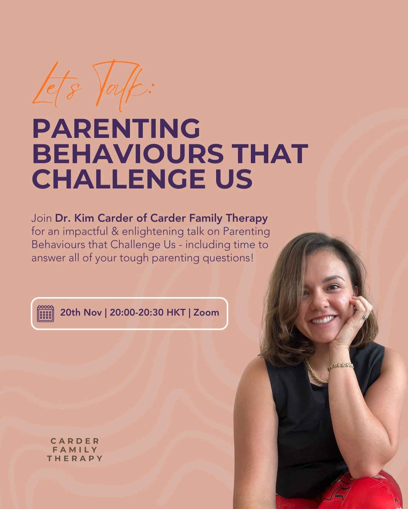 Let’s Talk 💛
Join @drkimcarder for an impactful & enlightening talk on Parenting Behaviours that Challenge Us
Dr. Kim will go over:
- How to manage meltdowns and tantrums
- Working through big emotions and heated moments
- Tips on deescalation and helping your children build their emotional vocabularies
As always there will be time to answer all of your tough parenting questions!
📅 Date: 20th November
⏰ Time: 20:00 – 20:30 HKT
💻 Where: Zoom
Link to RSVP in bio 🫶🏼
#carderfamilytherapy #drkimcarder #therapyinhongkong #familytherapyhk #healingjourneyhk #mindfullivinghk #therapyworks #mentalhealthhk #supportandhealing #talkhealgrow #freewebinar #hkevents #onlinesupport