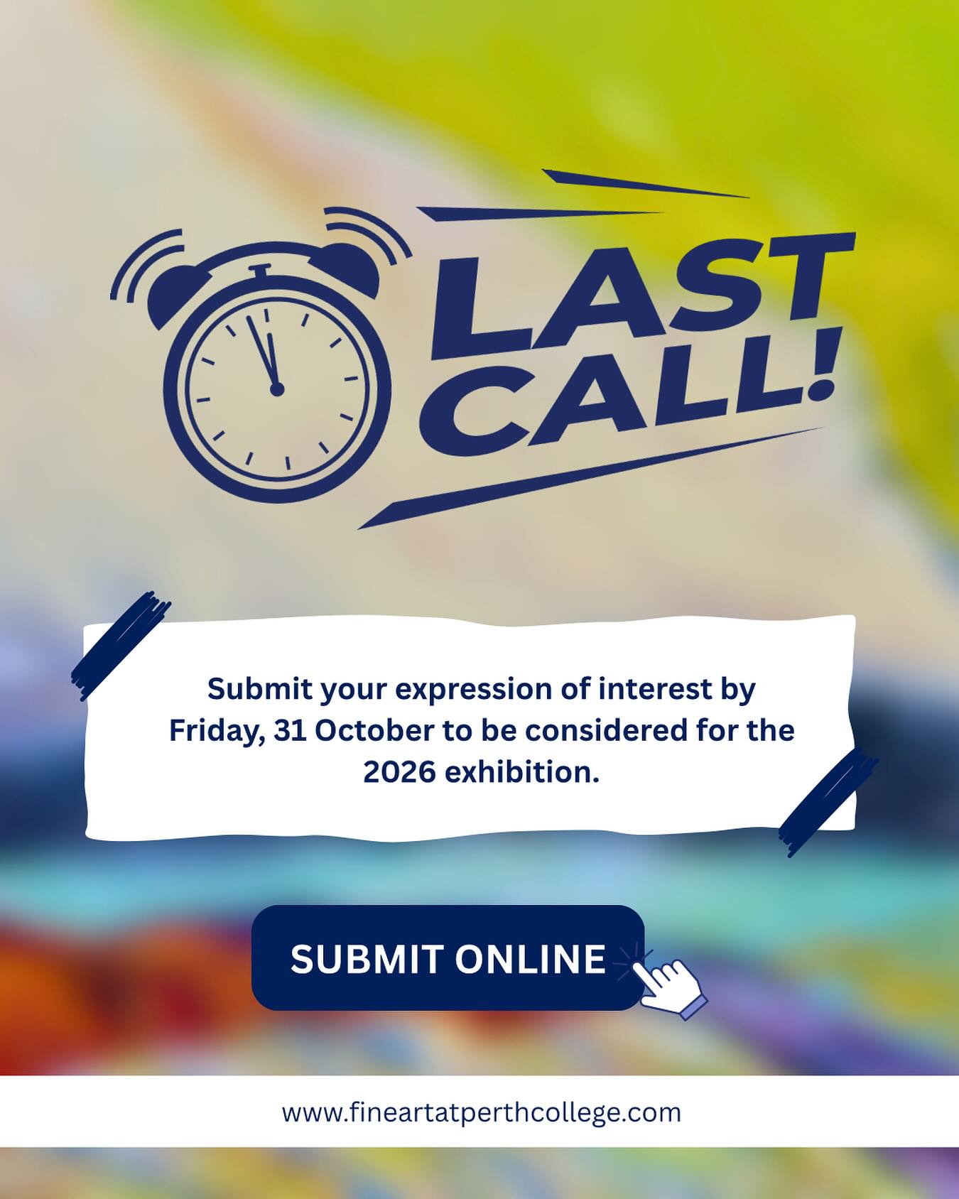 Last call for Western Australian artists!
To be considered for the Fine Art at @perth_college 2026 Exhibition, please submit your Expression of Interest by Friday, 31 October. Find out more by visiting our website LINK IN BIO!
#PerthArtists #PerthArtScene #FineArtAtPerthCollege #ArtExhibition #CallForArtists #WAArtists #SupportLocalArts #PerthCreatives