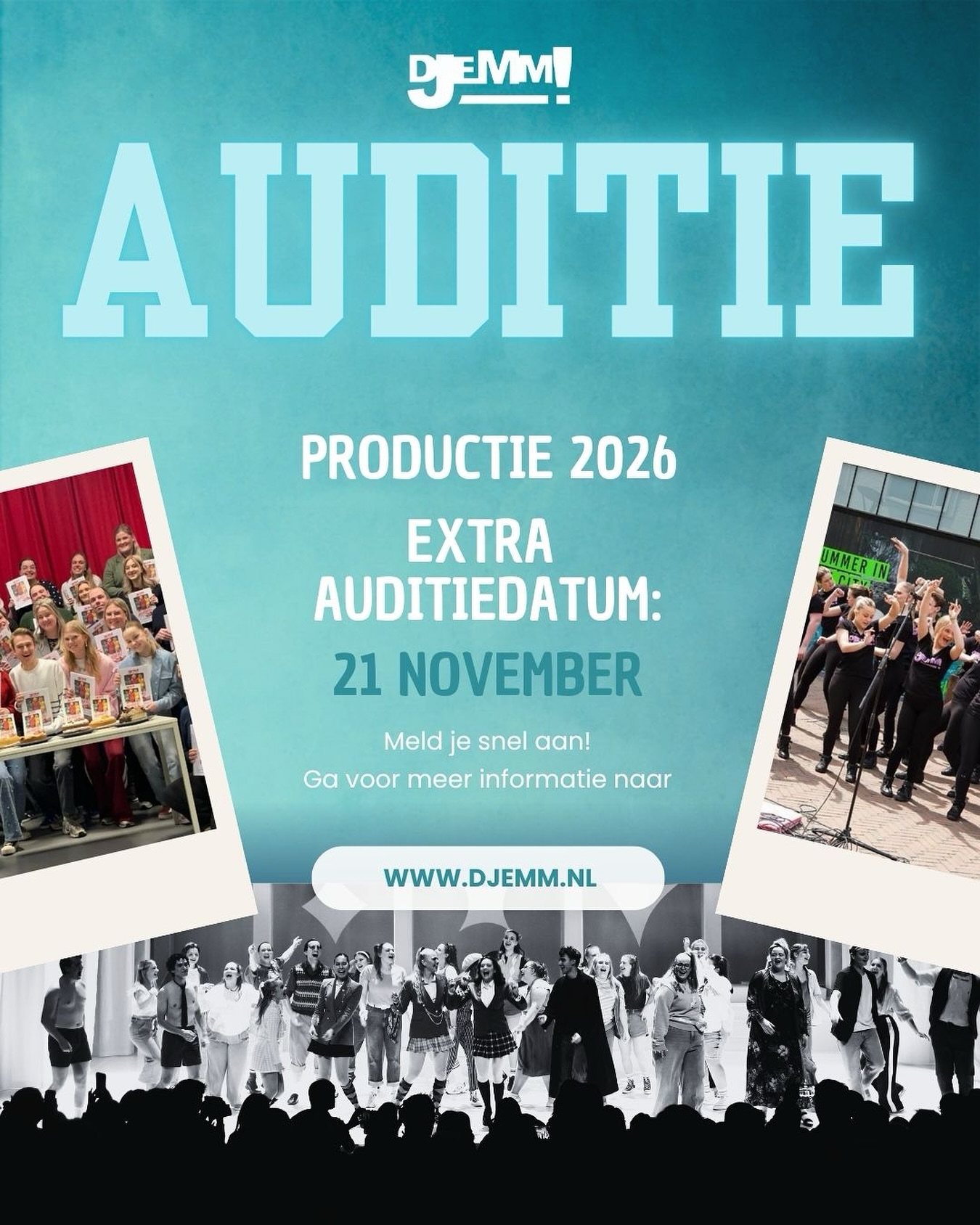 Wegens de vele aanmeldingen zitten de auditiedagen inmiddels vol, daarom plannen we een extra auditiedag! ✨
Lijkt het jou geweldig om mee te spelen in een kwalitatief hoogstaande musicalproductie?
Meld je dan snel aan, want ook de extra plekken zijn beperkt!
📲 Meer informatie vind je op www.djemm.nl