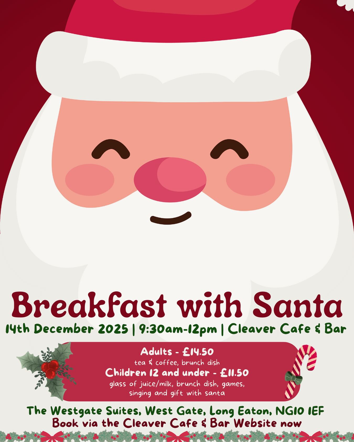 Start your Christmas season with a sprinkle of magic at our Breakfast with Santa! Gather the whole family for a joyful morning filled with delicious food, festive fun, and unforgettable memories. Tuck into a tasty dish from our special brunch menu, with plenty of options to suit everyone, before the big man in red makes his grand appearance. Every child will get to meet Santa, receive a special token gift, join in with sing-alongs, party games, and of course, smile for those all-important photos.
Places are limited and advance booking is essential. Children’s tickets are for ages 12 and under, and all bookings are non-refundable and non-transferable. Please note you may be seated alongside other families depending on your party size, adding to the festive atmosphere.
Make memories to treasure, we can’t wait to welcome you and your little ones to a magical breakfast with Santa!