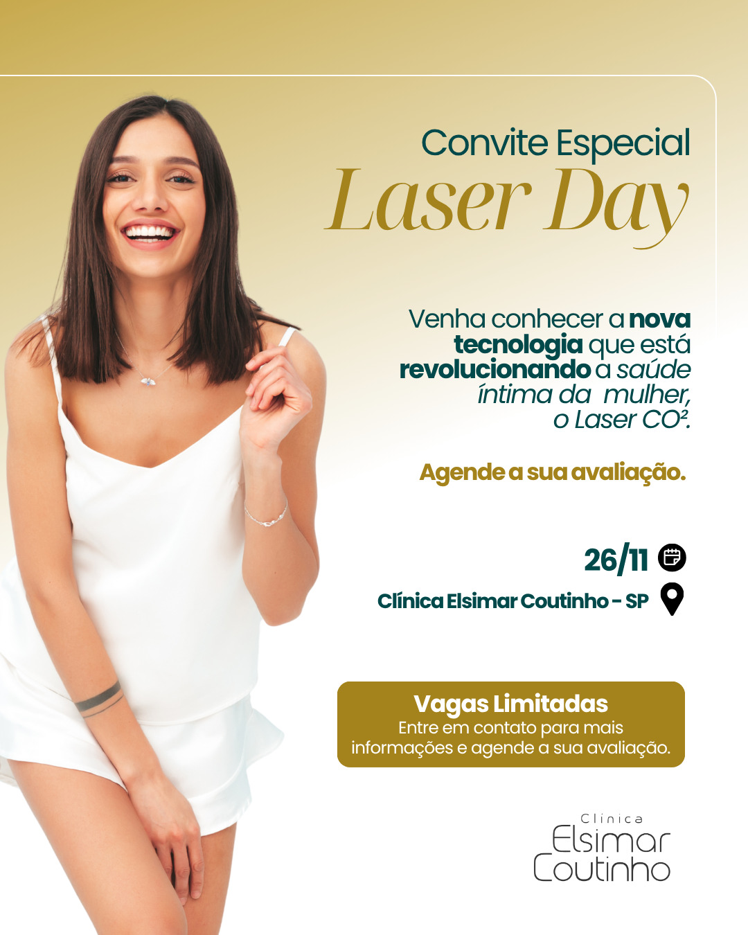 A Clínica Elsimar Coutinho realizará mais um Laser Day!
Essa é mais uma oportunidade de conhecer, na prática o Laser CO₂, a tecnologia que é referência em cuidado da pele e saúde íntima.
📍 26/11 - Clínica Elsimar Coutinho São Paulo
⚠️ Não deixe para depois! As vagas são limitadas. Agende sua avaliação o quanto antes!
📞 Telelefone e WhatsApp: 4007-2947
Agendamento 📲 4007-2947
📍Av. Moema, 300, 13º andar, Moema - São Paulo