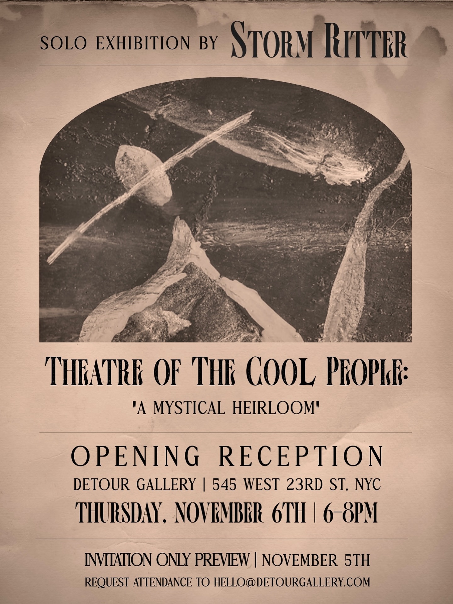 A new solo exhibition, “Theatre of The Cool People: A Mystical Heirloom,” opening soon! Reincarnation, revelation and revolution — the surrealist story is brought to life on canvas.
—— OPENING NIGHT
🔮 Thursday, November 6th, 6-8PM
🎡 545 West 23rd Street, NYC @detourgallery
📜 RSVP to hello@detourgallery.com
—— PREVIEW NIGHT (Inquire for Invite)
🍾 Intimate Evening for Future & Past Collectors
🫒 Artist Talk, Dining & Drinks on November 5th
❓ Request Attendance, email: hello@detourgallery.com
*The showcase will run throughout November with artist in residence for viewing, sales and live painting.