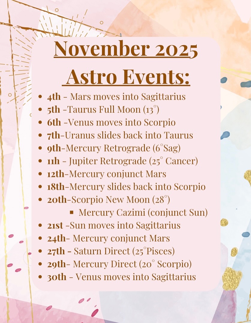 November has arrived! 🍂🤎🐿️ The planets are continuing their hustle and bustle. This month continues the gorgeous water grand trine 🔼, Mercury and Jupiter go retrograde, while daddy Saturn turns direct!
🌝🌚 Our moons have us looking at security and stability as we highlight the Taurus/Scorpio axis.
This and much much more!
🤍Follow along on my U tube channel and make sure to subscribe to the monthly newsletter to stay up to date on the planetary activity! Big love-Danielle
Note- there is an error- 11/24 Mercury will be conjunct Venus, not Mars. 🤓
#astrology #astrotherapy #fullmoon #mercuryretrograde