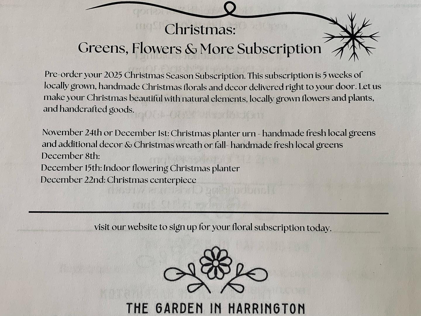 It’s November! The 2025 Christmas Subscription begins in just over 20 days. Have you signed up yet?
And… just in case you missed it, we are hosting our handbuilding Christmas Wreath Workshop on November 15th. This is a great workshop if you have ever wanted to make your own fresh Christmas Greens Wreath.
Sign up for both the workshop and subscription at our website: http://www.thegardeninharrington@gmail.com
#Thegardeninharrington #harringtonontario #tavistockontario #tavistockontarioflowers #harringtonontarioflowers #embroontario #embroontarioflowers #embroontarioflowerdelivery #tavistockontarioflowerdelivery #thamesfordontario #lakesideontario #stmarysontario #stmarysontarioflowers #stmarysontarioflowerdelivery #woodstockontario #woodstockontarioflowers #woodstockontarioflowerdelivery #hicksonontario #flowerfarm #canadianflowerfarmer #ontarioflowerfarm #ontarioflowerfarmer #oxfordcounty #perthcounty #stratfordontario #stratfordontarioflowers #stratfordontarioflowerdelivery #freshflowers #haveyouseenaflowerfarmyet
