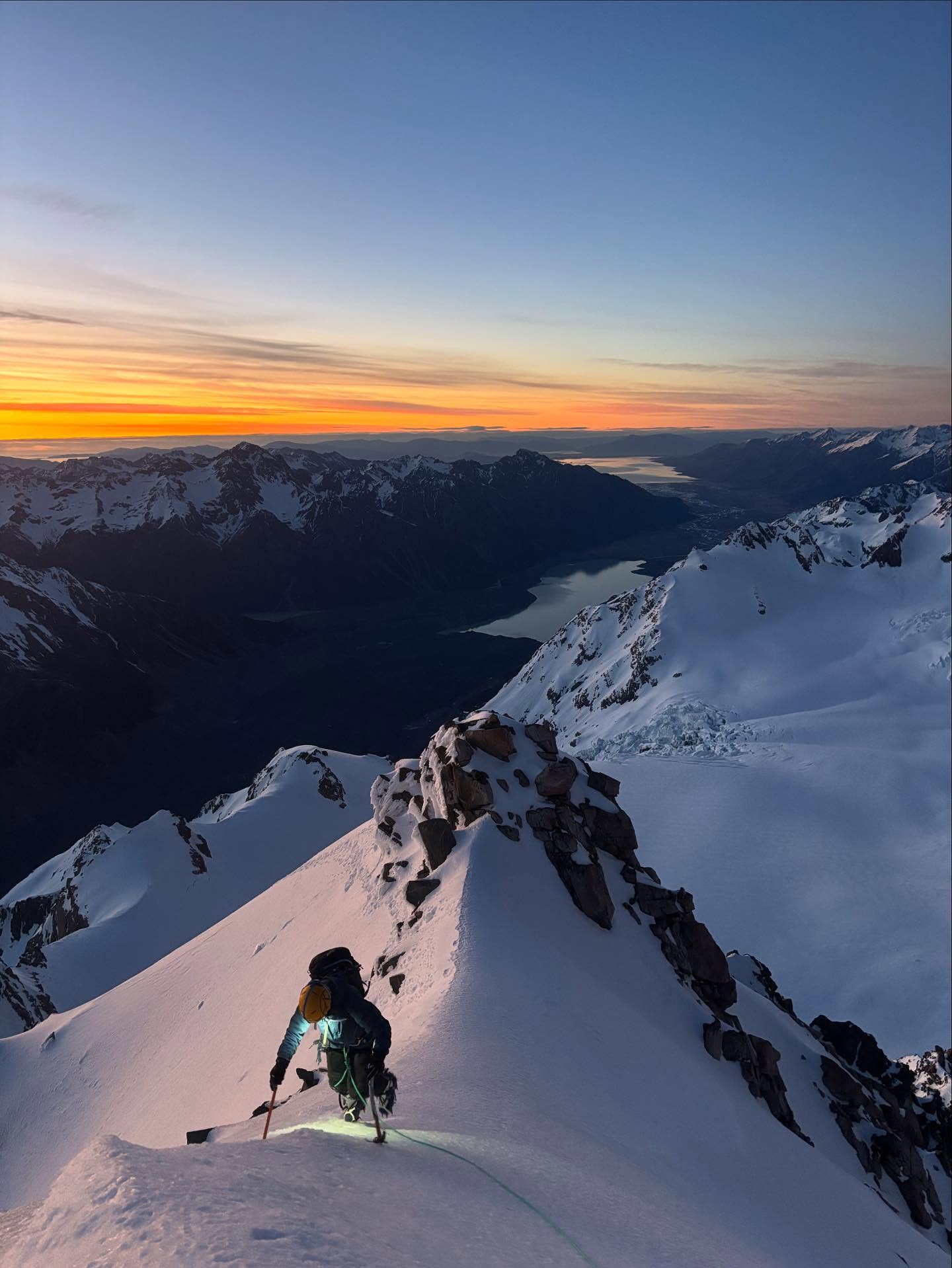 That’s the end of my first week guiding in New Zealand and apparently it’s been the best weather of the past 3 months.
Christoff was visiting from Germany and we spent 6 days playing around in the mountains from the base of Plateau hut. We got ourselves warmed up for the big stuff by practicing some skills on ANZAC peaks and Glacier Dome. Then we headed up the Linda Glacier on Aoraki (Mt Cook) and were treated to a spectacular sunrise over peak Tasman. We gave Aoraki a good bash, but lots of hard ice slowed us down and we turned back just shy of the summit. Then after a rest day we snuck in an ascent of Dixon on the last day before catching the Heli back down. Super social time in the Plateau hut with lots of teams skiing big steep things.
Thanks for the top time in the mountains @alpinerecreation