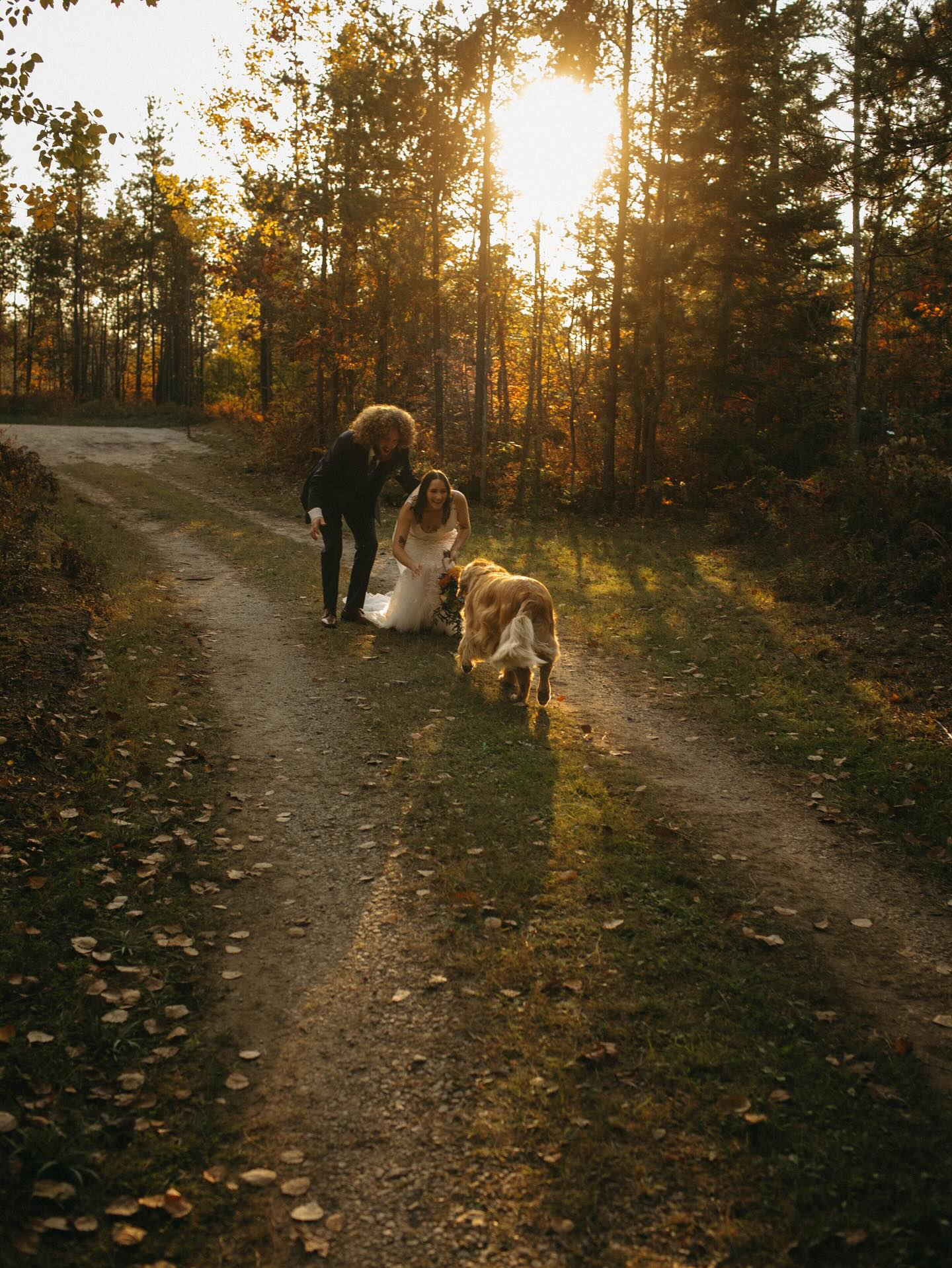 The most epic reception entrance ever. I still can’t get over this moment ….their pup came running down the path right on cue (completely unplanned) like he knew it was time for his grand entrance. He trotted straight toward Mom and Dad just as the sun dipped behind the trees… like something out of a movie.
It’s the unplanned moments that end up being the most perfect🫶🏼
⸻
Keywords:
rustic wedding, forest wedding, fall wedding, golden hour wedding, Michigan wedding photographer, cinematic wedding photos, storytelling photographer, pet friendly wedding, golden retriever wedding, outdoor reception, intimate wedding, candid wedding photography, documentary style wedding, autumn wedding
