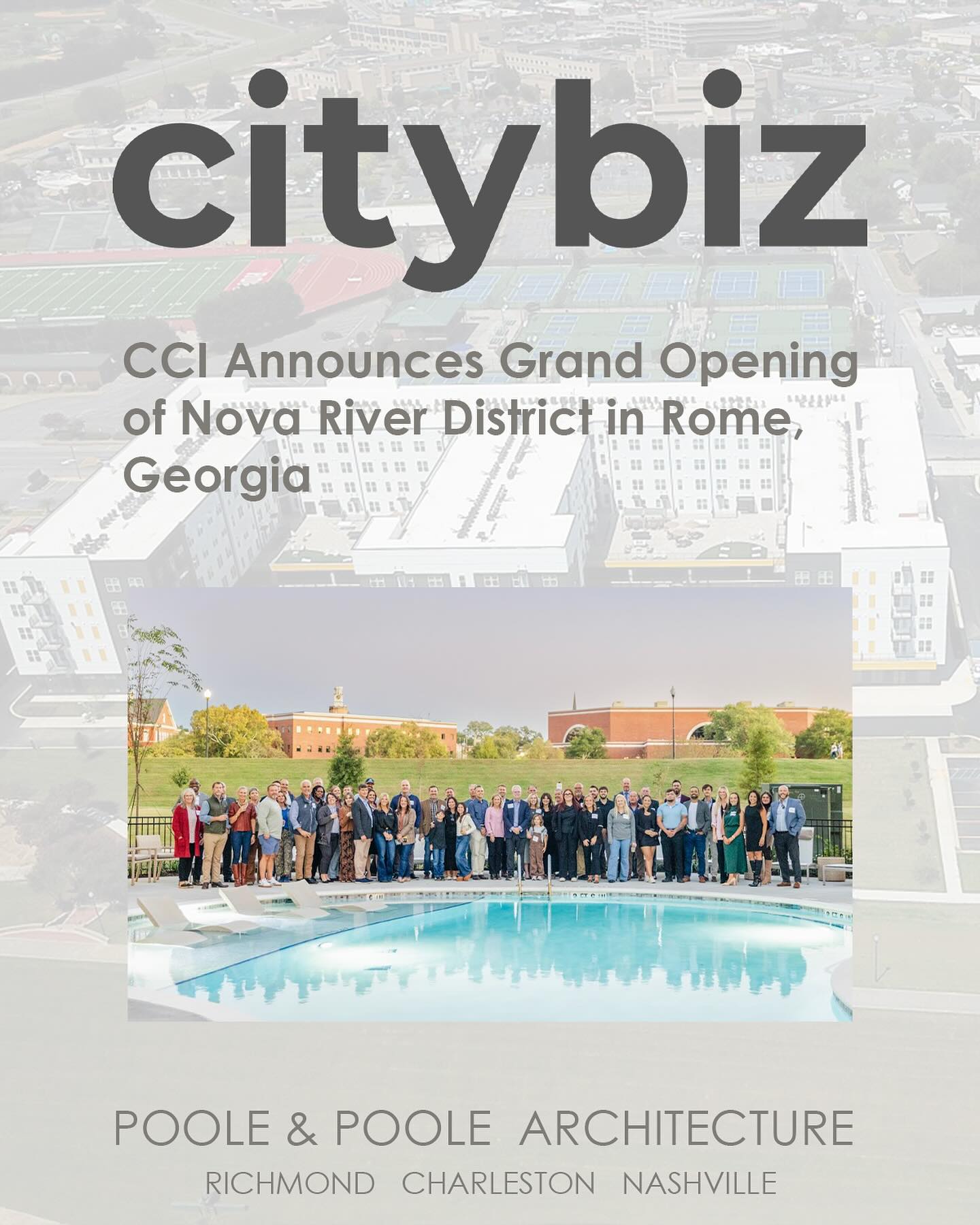 We are excited for the grand opening of Nova River District! This was such an exciting project to work on as a team. This community was designed along the AdventHealth ECO Greenway and connects residents to the neighboring Oostanaula River in the heart of Rome Georgia. This project boasts resort style amenities such as a saltwater pool, elevated sun decks, and so much more. Read more about it at the link below!
https://www.citybiz.co/article/765464/cci-announces-grand-opening-of-nova-river-district-in-rome-georgia/