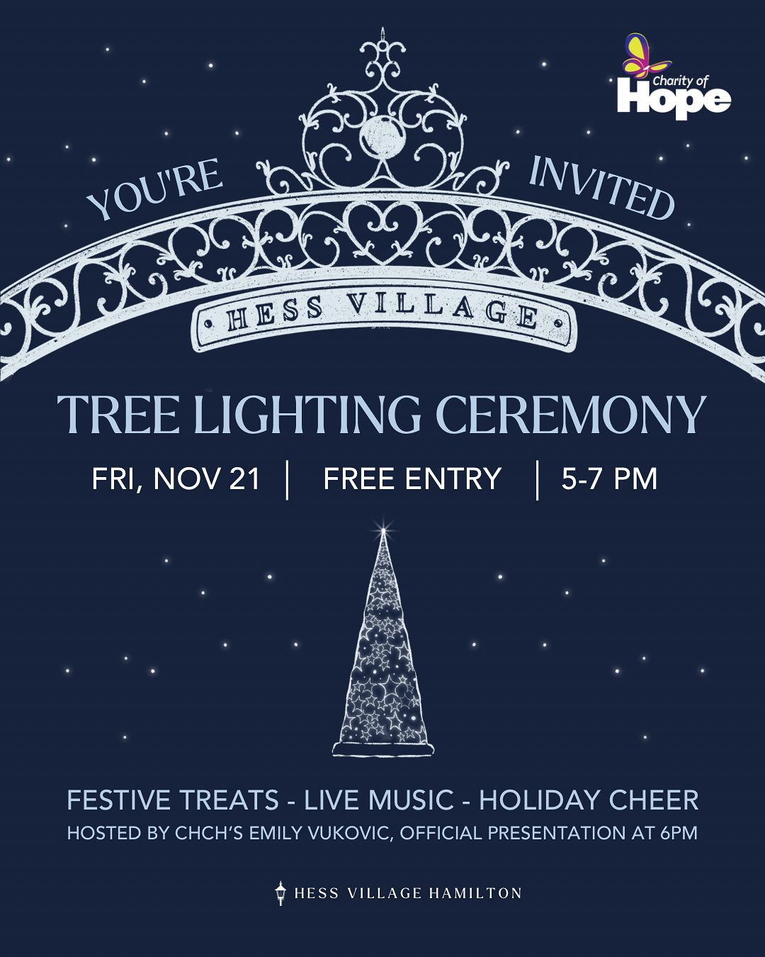 🎄✨ Hess Village Tree Lighting Ceremony! ✨🎄
We are officially two weeks away! The magic of the season begins right here in Hess Village! Join us for our Tree Lighting Ceremony as we kick off the Winter Village celebrations! 🌟
📅 Friday, November 21st
🕔 5:00 – 7:00 PM
📍 Hess Village, Hamilton
Hosted by the wonderful @emilykvukovic of CHCH, this festive evening will feature very special guests:
🎅 Santa & Mrs. Claus
🏙️ Mayor @andreahorwath
🏈 Ti-Cat legend @simoni_lawrence21
🐯 @hamiltontigercats & @forgefc mascots
🎶 Enjoy live music from:
🎻@hamiltonphilharmonic
🍀 St. Patrick’s Folk Group
🎵 @saraphinaviolin
☕ Sample complimentary:
🍫 Hot Chocolate
🍺 @molsoncoors Heineken Silver (adults only)
Bundle up, bring your friends and family, and come experience the sparkle, music, and holiday cheer as we light up the heart of Hamilton! 💫
Free admission and free parking at Main & Hess (entry via Caroline) courtesy of our friends at @lifeatbgo
Artwork by @karlamariacreativo
#HessVillage #HamiltonEvents #TreeLighting #WinterVillage #HamiltonProud #CHCH #SimoniLawrence #ForgeFC #TiCats #SantaClaus #HolidaySeason #HamiltonPhilharmonic #SupportLocal