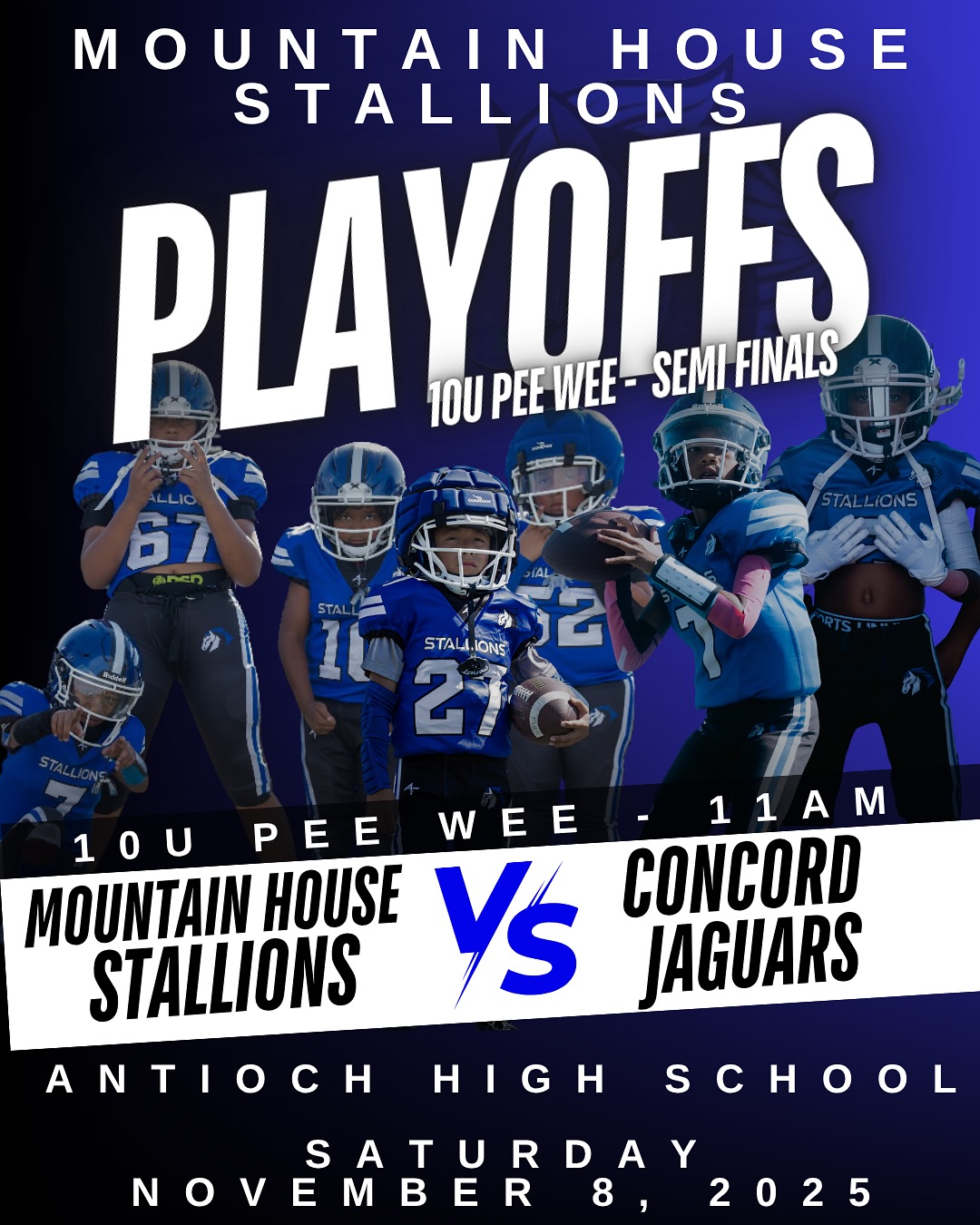 🔥 STALLIONS TO THE SEMIFINALS! 🔥
Our 10u and 12u Mountain House Stallions football teams have moved on to the semi finals of the EBYFC Playoffs! 💪🏈
Here’s the lineup for Playoff Week 2 (This Weekend!):
Saturday November 8, 2025
🐎 10U vs Concord Jaguars
@ Antioch H.S - 11am
🐎 12U vs Concord Jaguars
@ Antioch H.S. - 1pm
Come out, wear your Stallions gear, and make some noise as we represent Mountain House with pride and energy!
#StallionNation #EBYFCPlayoffs #MHStallions #GoStallions #communitypride