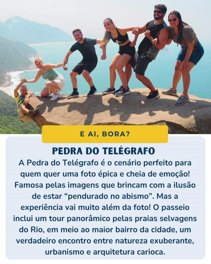 A Trilha da Pedra do Telégrafo é uma das experiências mais icônicas do Rio de Janeiro, e viver esse momento com a Rodrigo Índio Tours é sentir a energia da cidade de um jeito autêntico, leve e conectado com a natureza.
A caminhada começa na Praia de Barra de Guaratiba, um vilarejo encantador com clima de interior e mar ao redor. O percurso tem cerca de 1,5 km e, embora seja uma subida moderada, cada parada revela paisagens de tirar o fôlego: o mar azul, as ilhas, a Restinga da Marambaia e a imensidão da floresta.
No topo, o visual é de cinema. É ali que está a famosa pedra das fotos que parecem desafiar a gravidade — mas o que as imagens não mostram é a sensação de paz, liberdade e conquista que se sente ao chegar.
Durante toda a experiência, nossos guias compartilham histórias, curiosidades e garantem que o passeio seja feito com segurança, respeito à natureza e aquele clima de amizade que é a marca da Rodrigo Índio Tours.
Mais do que um cenário para fotos incríveis, o Telégrafo é um convite para se reconectar, respirar fundo e se lembrar do que realmente importa.
Saídas regulares com a Rodrigo Índio Tours.
Viva essa experiência. Conecte-se com o Rio, com a natureza e com você mesmo.
#pedradotelegrafo #trilhas #riodejaneiro #trilhasdobrasil #trilhasdorio #trilhasdoriodejaneiro #trilheirosdobrasil #ecoturismo
