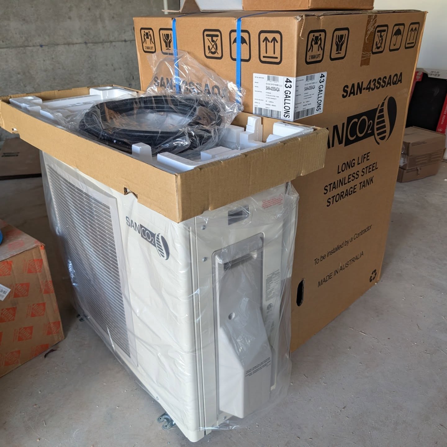 #postyourmistakes
We're using the awesome SanCO2 split system heat pump water heater in the DADU of our current build.
Last week Matt realized 😳 oh crap we forgot to run the thermostat wire during rough in!! (Which connects to the tank and the compressor). Often the tank is close to the outdoor compressor but in the case they're on opposite walls.
Luckily we had an open conduit through the foundation that I dug down to find and fed the wire through in some liquid tight tubing. Then ran it around the corner to the compressor. Phew. Right before pavers go in!
