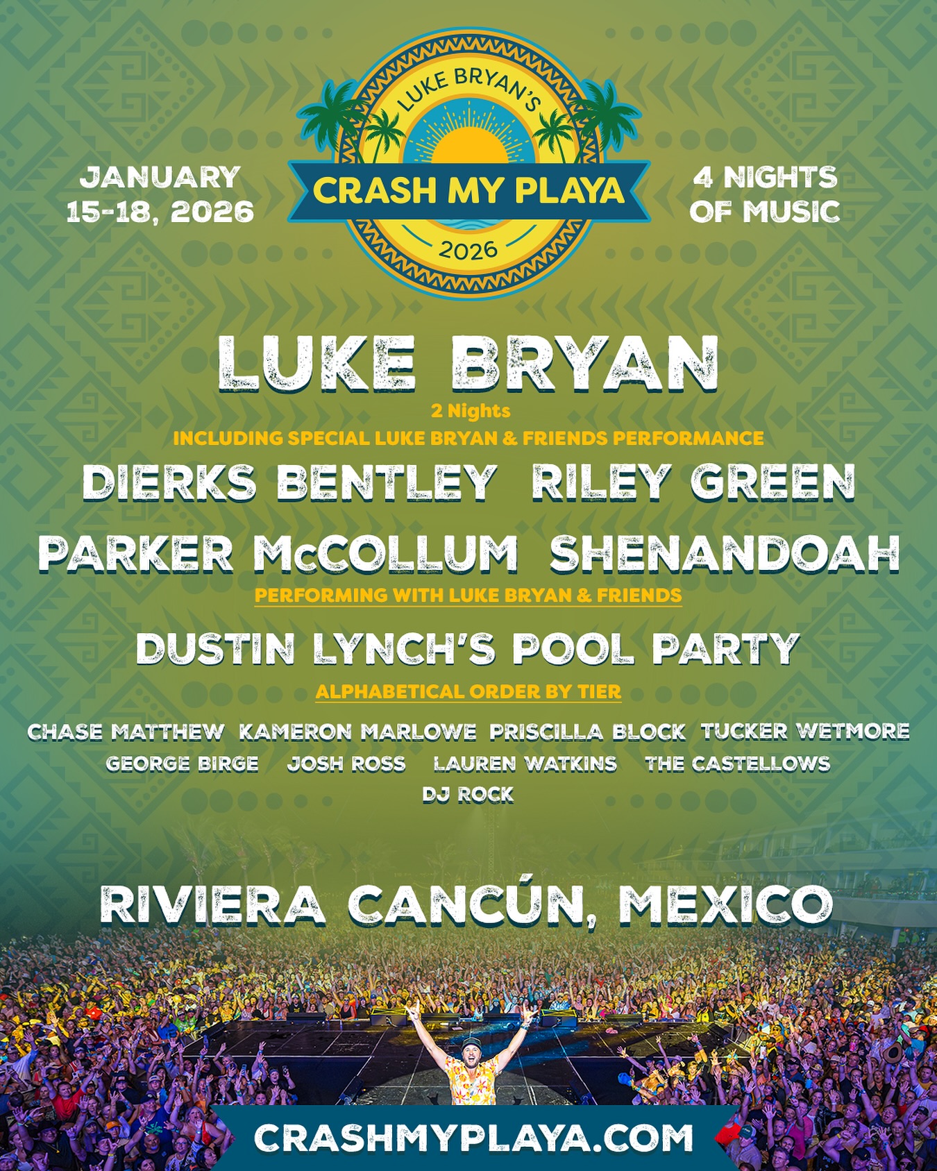 We’re headin’ to Riviera Cancún for @lukebryan’s @crashmyplaya, January 15-18, 2026! 🌊🤠🌴 All-inclusive packages are available now at crashmyplaya.com.