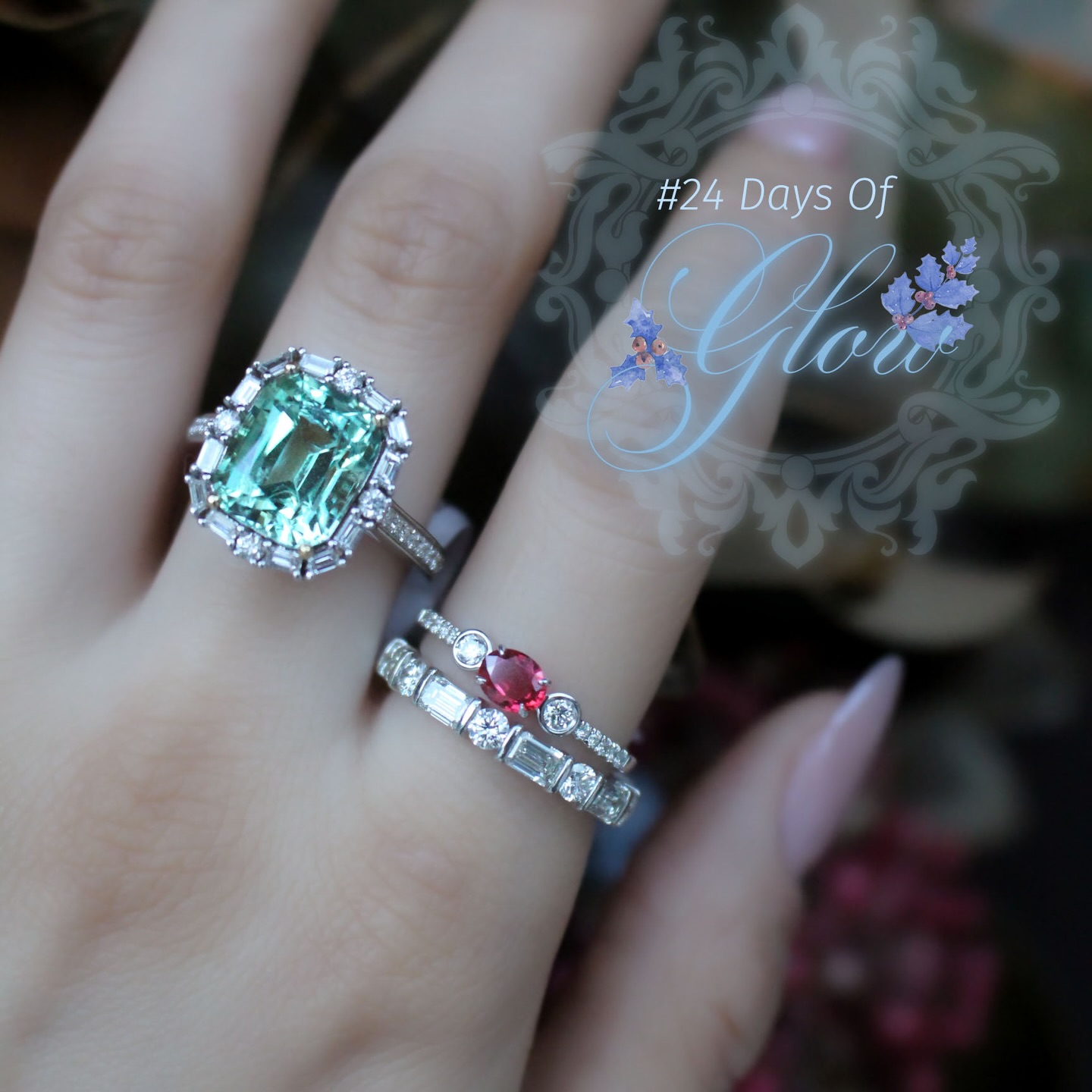 Day 11 of #24DaysofGlow is serving Christmas sweater energy… but make it jewelry. Our luminous radiant cut 5.55 carats Green Tourmaline beauty steals the show with its crystalline glow, with a round and baguette Diamond halo, while the warm glow of the 0.46 carats oval Ruby below adds just the right pop of festive heat; paired with a Diamond band of alternating rounds and baguettes as well. Who needs red-and-green knitwear when you can sparkle in red-and-green gemstones? Consider this your upgraded holiday palette, waiting in the boutique. 🎄