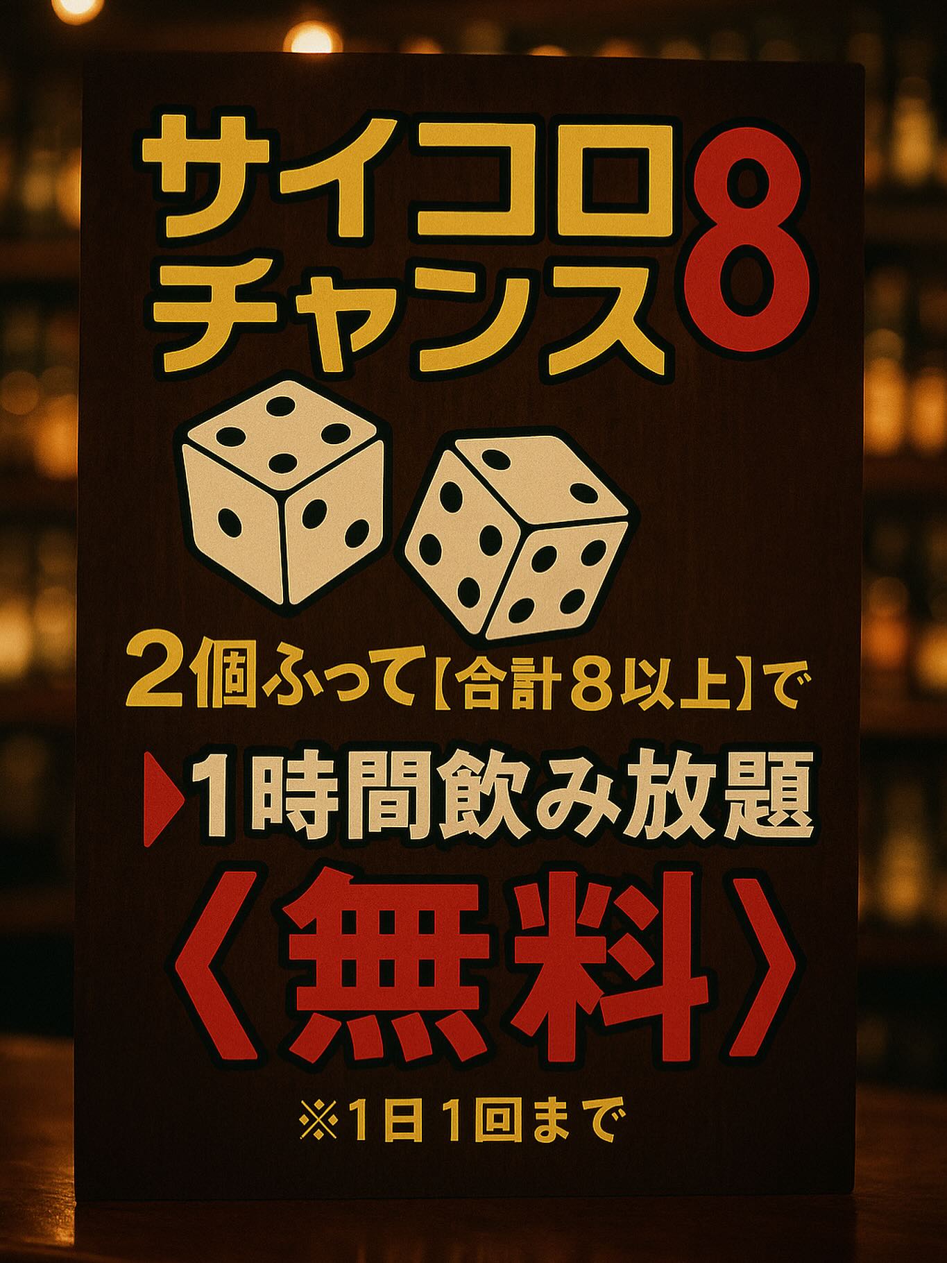 🎲【サイコロチャンス8】開催中‼️
サイコロを2つ振って、合計【8以上】が出たら──
🍻1時間飲み放題《無料》‼️
振る瞬間のドキドキ、出た瞬間の歓声🔥
BARならいちの夜を盛り上げる“運試しチャレンジ”!
さらにインスタのストーリーに投稿してくれた方は
🎥もう1回チャレンジチャンス!
※お一人様1日1回まで
#サイコロチャンス8
#ならいち
#飲み放題無料
#神引き
#barチャレンジ
#奈良バー
#運試しナイト