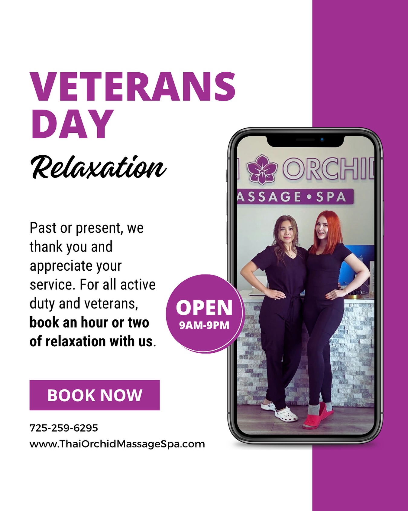 Veterans Day Relaxation at Thai Orchid Massage & Spa in Centennial Hills, Las Vegas. ๐๐ปโโ๏ธ๐๐ปโโ๏ธ
Past or present, we thank you and appreciate your service. For all active duty and veterans, book an hour or two of relaxation with us this week!
BOOK TODAY โจ
(725) 259-6295
www.ThaiOrchidMassageSpa.com
๐ซ Walk-Ins & Appointments Welcome
๐ Our Thai spa is just a short drive from Skye Canyon, Sky Pointe, North Summerlin, Peccole Ranch, and Queensridge.
๐ 8414 Farm Road Suite 140
Las Vegas, NV 89131
๐ธ๐ธ๐ธ๐ธ๐ธ๐ธ๐ธ๐ธ๐ธ๐ธ
#nellisafb #nellisairforcebase #vegasstrong #veterans #veteransday #veteransday2025 #activeduty #marinecorps #army #airforce #lasvegascommunity #vegascommunity #thankyouveterans #supportourtroops #lasvegasveterans #vegasveterans #therapeutic #massage #lasvegasspa #lasvegasmassage #summerlin #centennialhillslv #vegaslocal #offthestrip #northlasvegas #militarylife