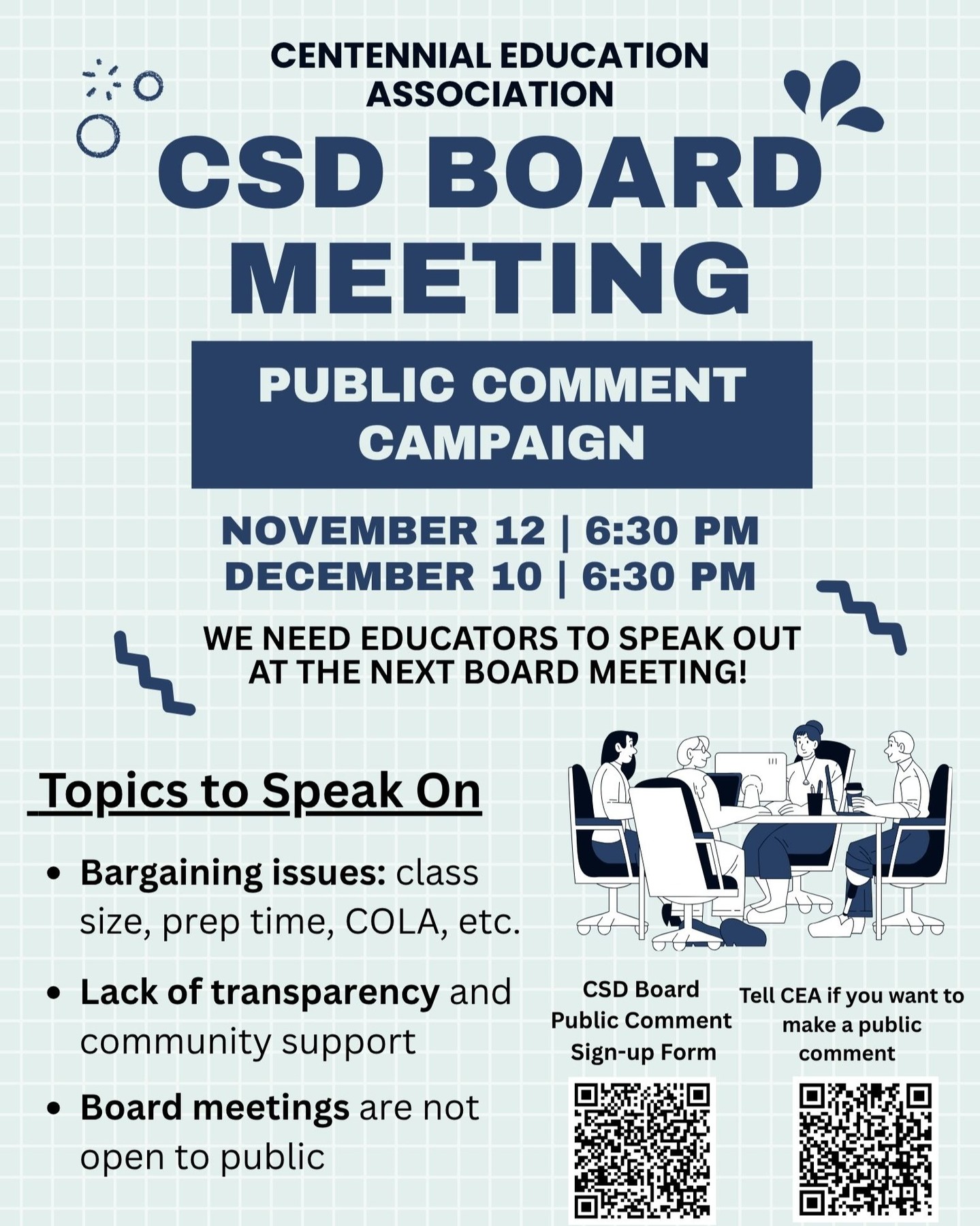 We need CEA presence at CSD board meetings. We are asking members to attend, and if possible, speak up at a future board meeting.
Although CSD Board Meetings are not open to the public in person (virtual only), you can still speak up by signing up for public comment at a board meeting. Link to sign-up will be sent out in the next newsletter (also on the CSD website).
We know so many of our members and community members are unhappy with how leadership is handling situations in our district, this is our opportunity to tell our board what is really going on in our buildings.
Please let us know if you plan to make a public comment so we can organize around united messaging.