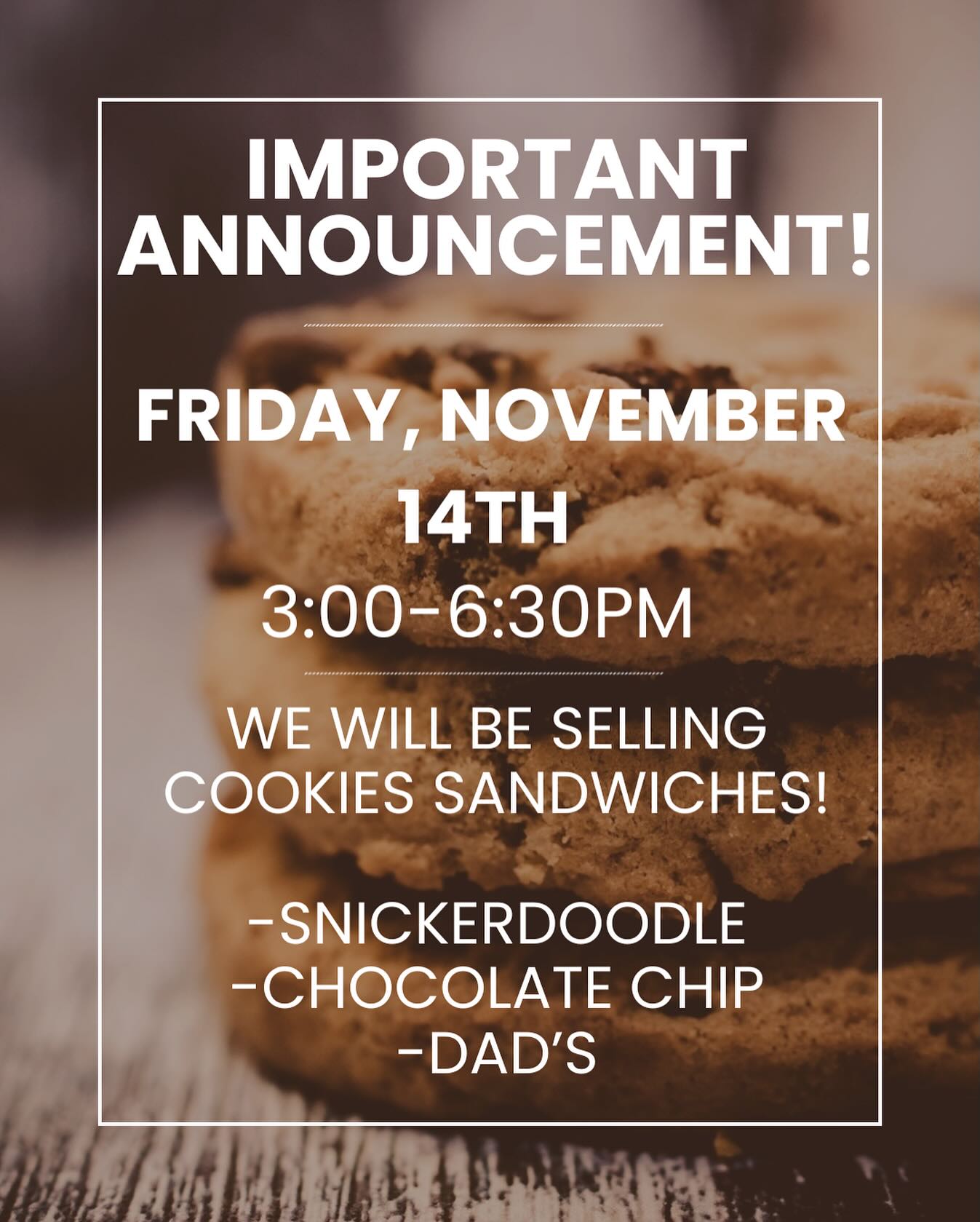 That’s right! If you missed your chance to grab ice cream sandwiches before we closed, we’ll be reopening this Friday just to sell ice cream sandwiches! no snowballs or soft-serve. We’ll also have DAD’s cookie bags available!
Ice Cream Sandwiches: $4.95
DAD’s Cookie Bags: $3.95
