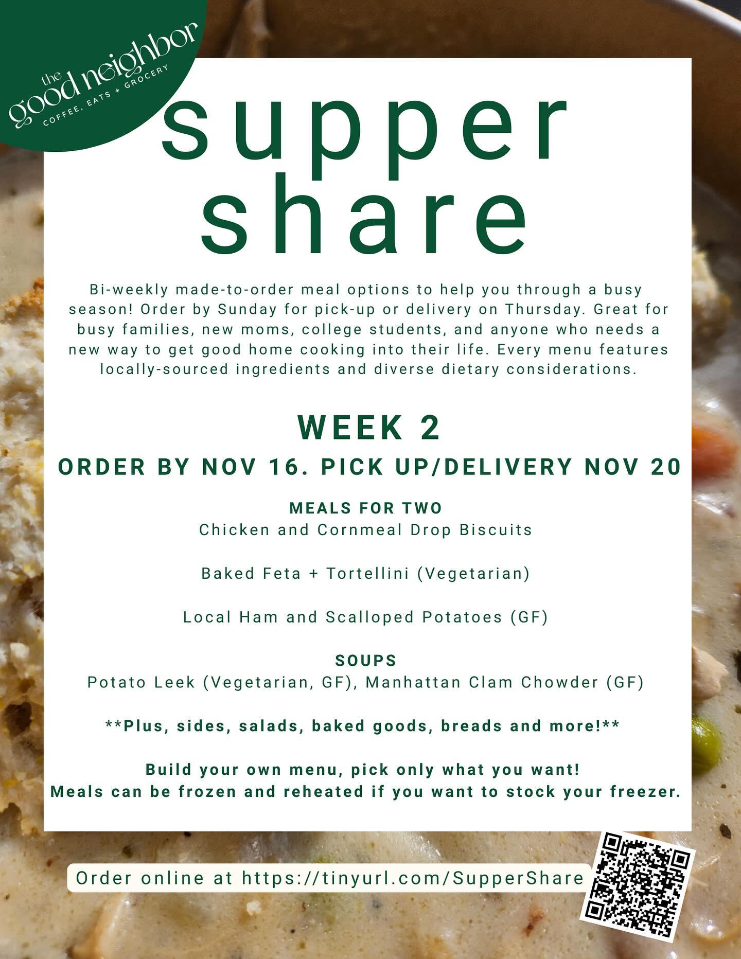 My next Supper Share menu is now live and ready for your orders! We are offering delivery and pick up options, and have items for GF and vegetarian diets. Place your orders at http://tinyurl.com/suppershare ❤️