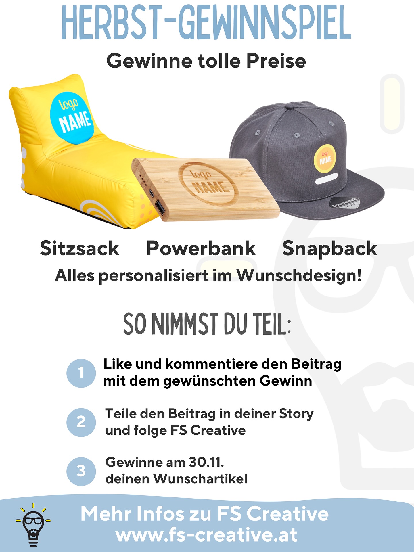 🍁 HERBST-GEWINNSPIEL 🍁
Gewinne deinen Wunschartikel im persönlichen Design! 🙌
🔥 Zur Auswahl stehen:
🪑 Sitzsack
🔋 Powerbank
🧢 Snapback
So machst du mit:
1️⃣ Like den Beitrag & kommentiere deinen Wunschgewinn
2️⃣ Teile ihn in deiner Story & folge @fscreative.birne
3️⃣ Gewinne am 30.11. deinen personalisierten Preis 🎉
Viel Glück & viel Spaß beim Mitmachen! 🍀
.
.
.
#fscreative #gewinnspiel #herbstgewinnspiel #montafon #branding #werbegeschenke #designliebe #supportyourlocal #vorarlberg #customdesign #werbung #like #follow #tagafriend #shareinstory #instadaily #reels #reelsinstagram #giveaway